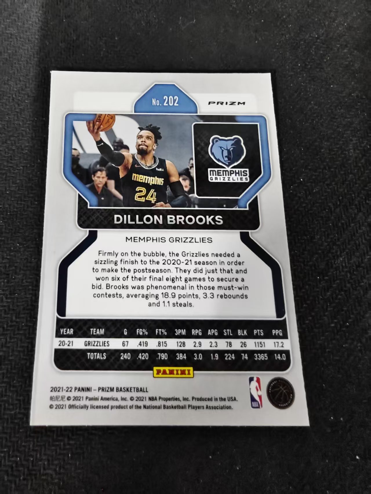 2021-22 Panini Prizm Dillon Brooks 狄龙 布鲁克斯 灰熊 红波纹 PZ 划痕 边角瑕疵 #202