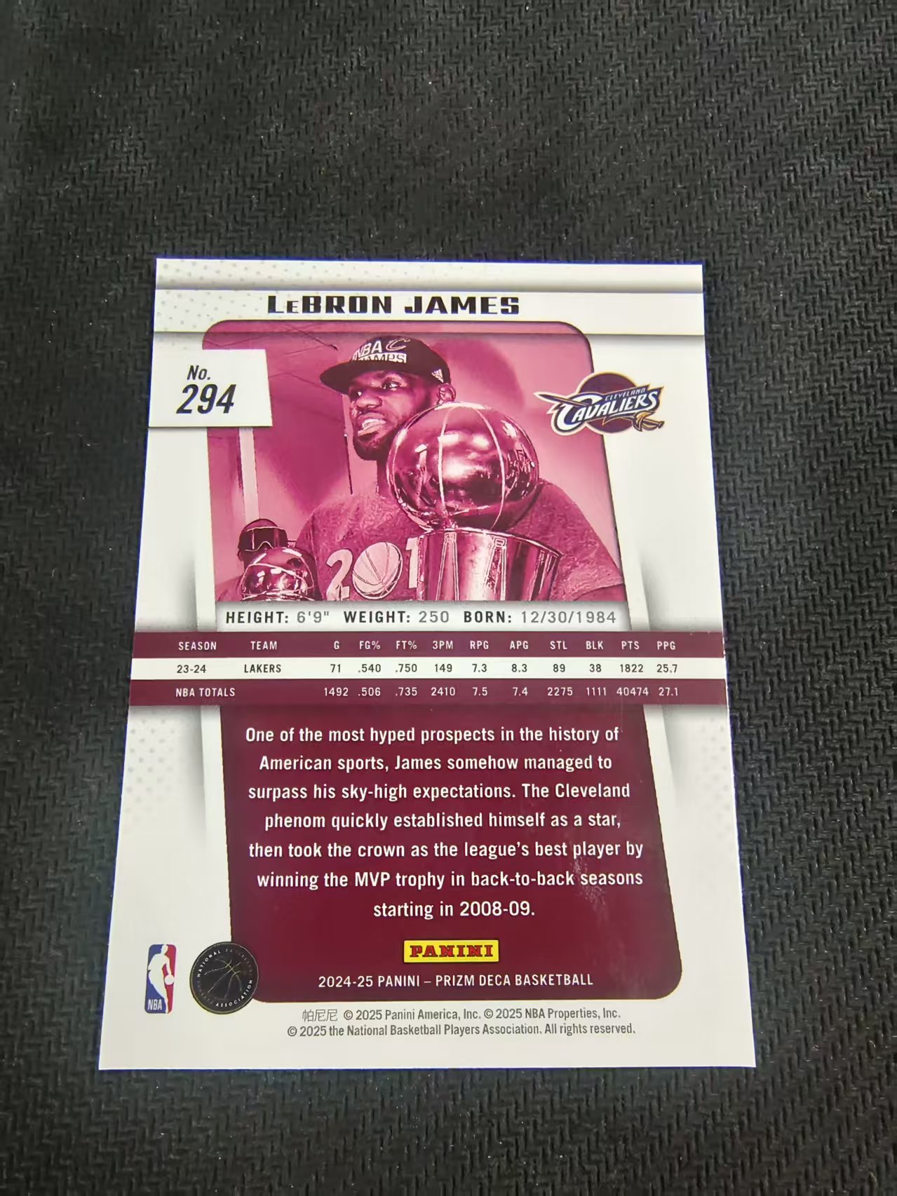 【可合并,不累计】2024-25 Panini Prizm LeBron James DECA PZ 热火 勒布朗 詹姆斯 老詹 复刻 MVP 捧杯 划痕 边角瑕疵 #294