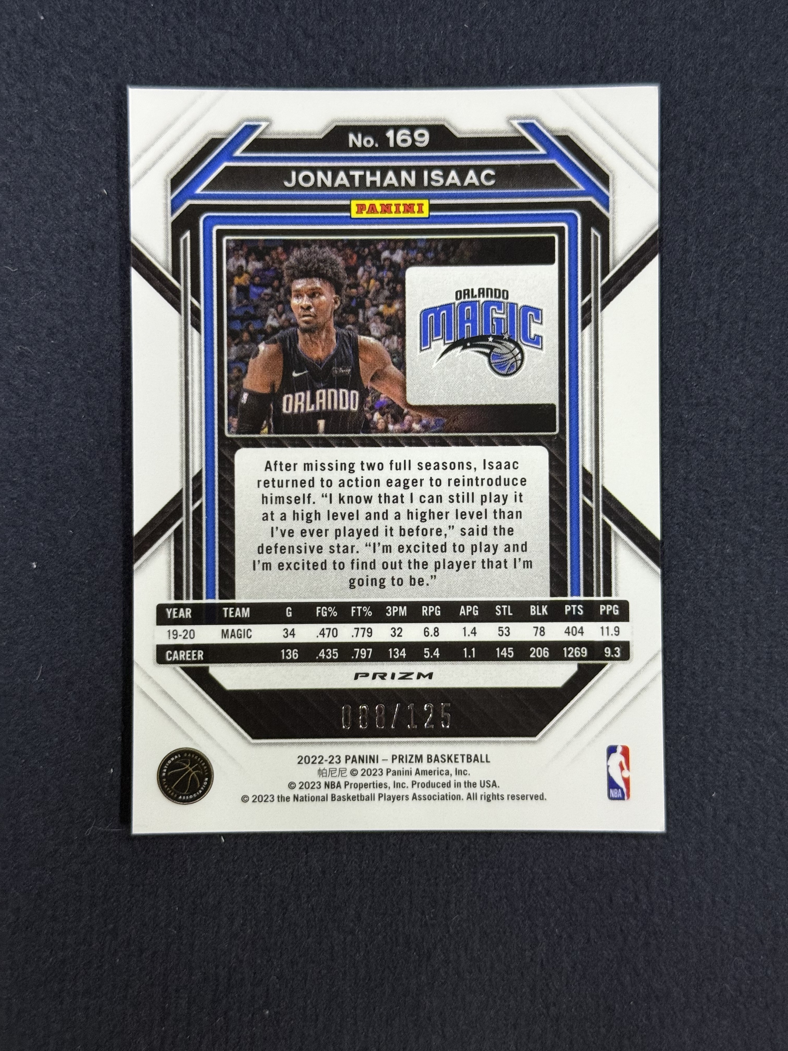 2022-23 Panini Prizm Jonathan Isaac 【未定义潮】乔纳森 艾萨克 PZ 蓝碎冰 折射 魔术 /125编 收藏必备 卡品如图