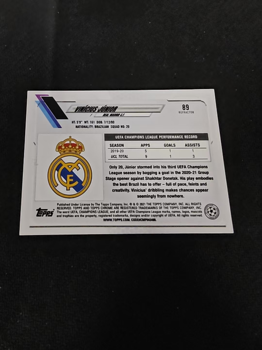 【可合并,不累计】2021 Topps Chrome Vinicius Junior 欧冠 TC 皇马 维尼修斯 小熊 银折 划痕 边角瑕疵 #89