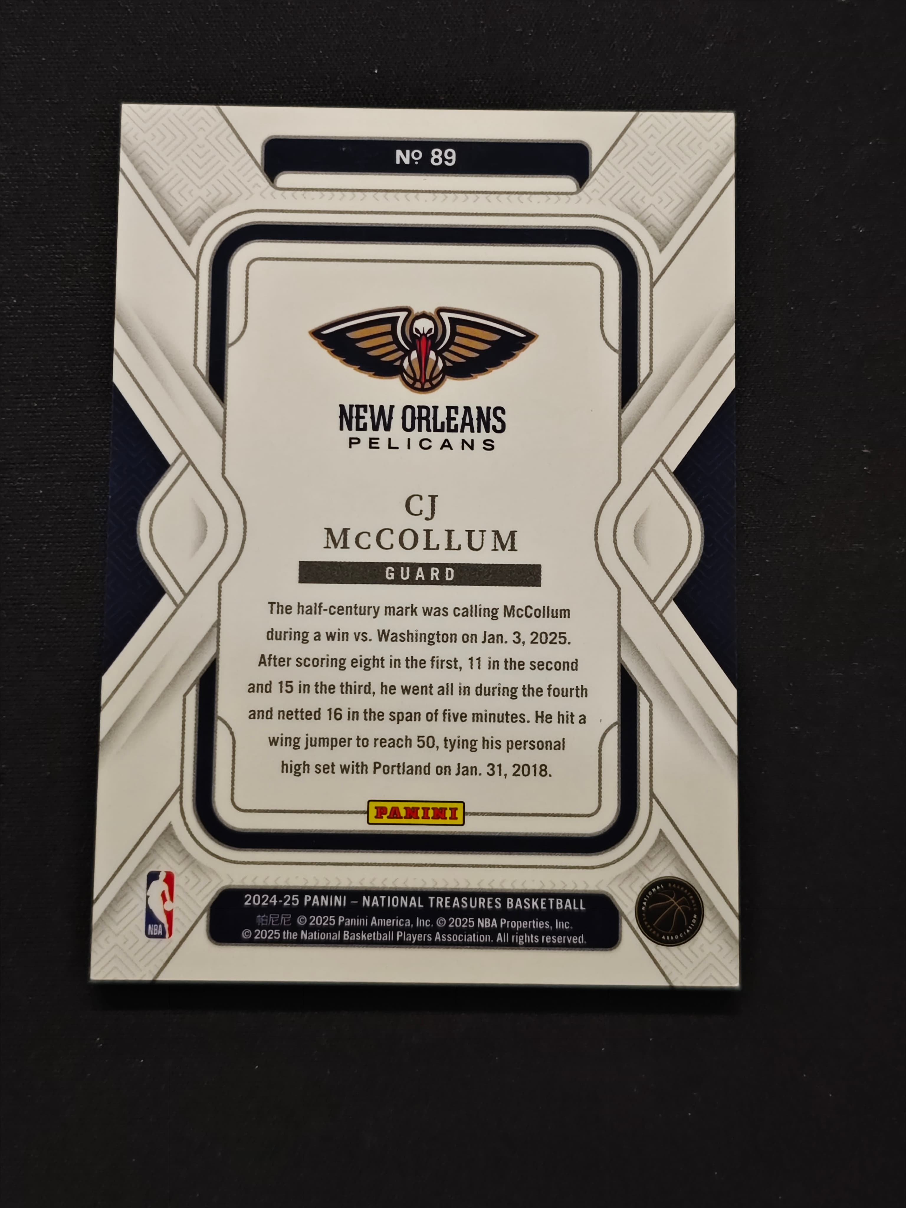 2024-25 Panini NT CJ McCollum RC 【芒果拍卖】国宝 鹈鹕 CJ 麦科勒姆 base /75编 #1125耿鬼3