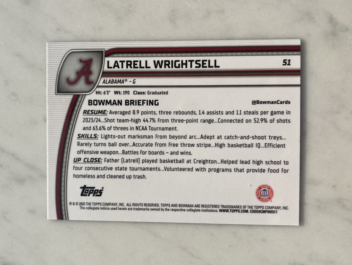 2025 Topps Chrome Latrell Wrightsell RC 拉特尔 赖特塞尔 1st紫折 /399 生涯的第一版卡 阿拉巴马 未来可期 专收必备