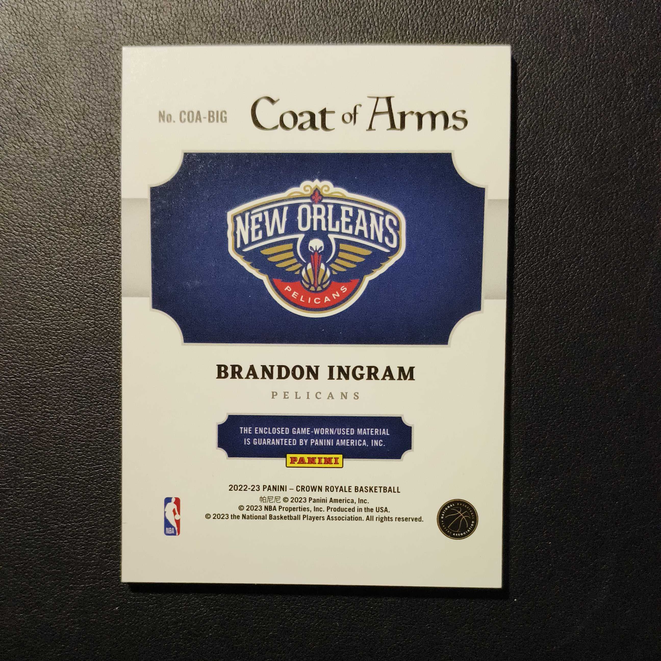 2022-23 Panini Crown Royale Brandon Ingram 鹈鹕 英格拉姆 球衣物料 高端皇冠物料 亲穿gu 卡品如图所示 投资收藏必备