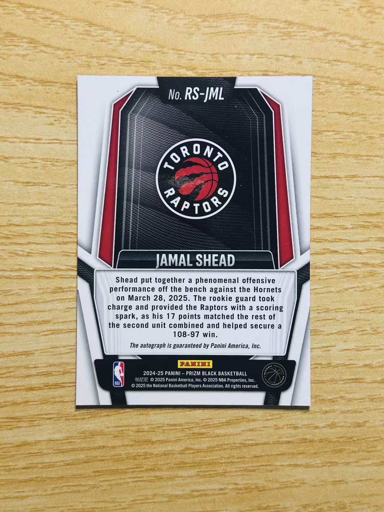 2024-25 Panini Prizm Black Jamal Shead RC 贾马尔 谢德 猛龙 新秀 签字 PZ