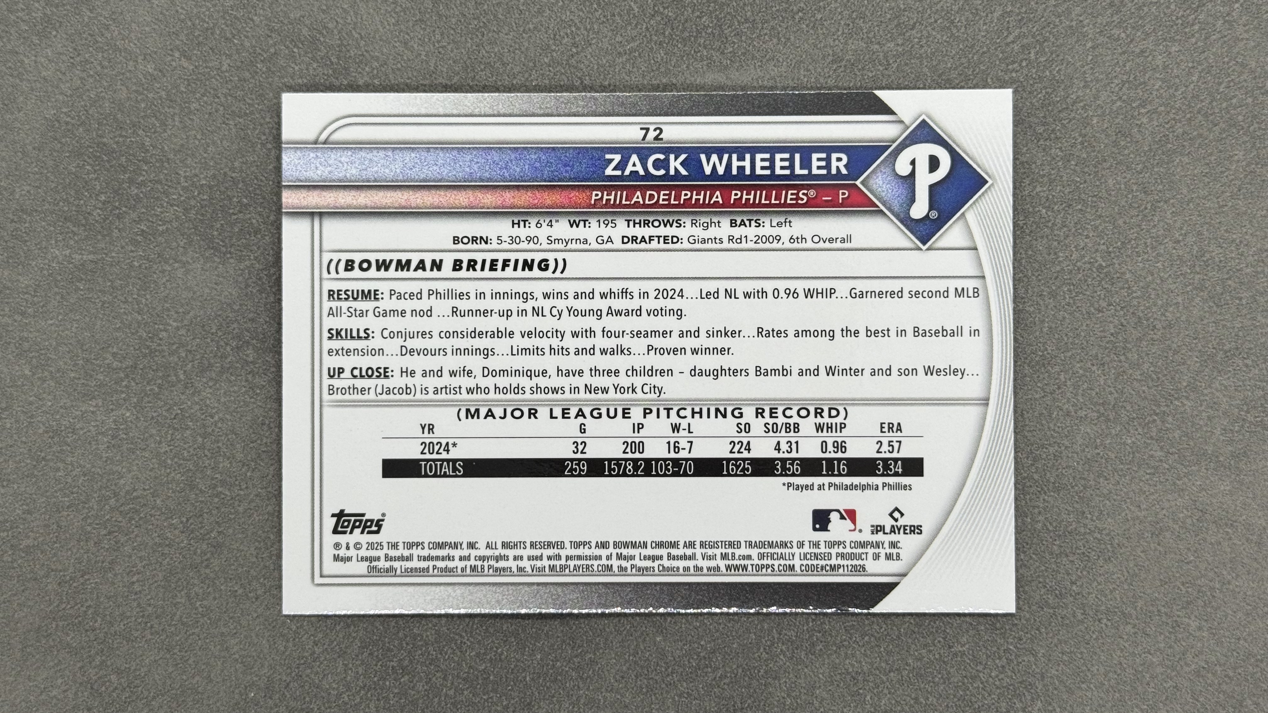 2025 Topps Bowman Zack Wheeler 费城人队 扎克 惠勒 王牌投手 赛扬 折射 脉冲折射 限量/399编 实卡好看 #72