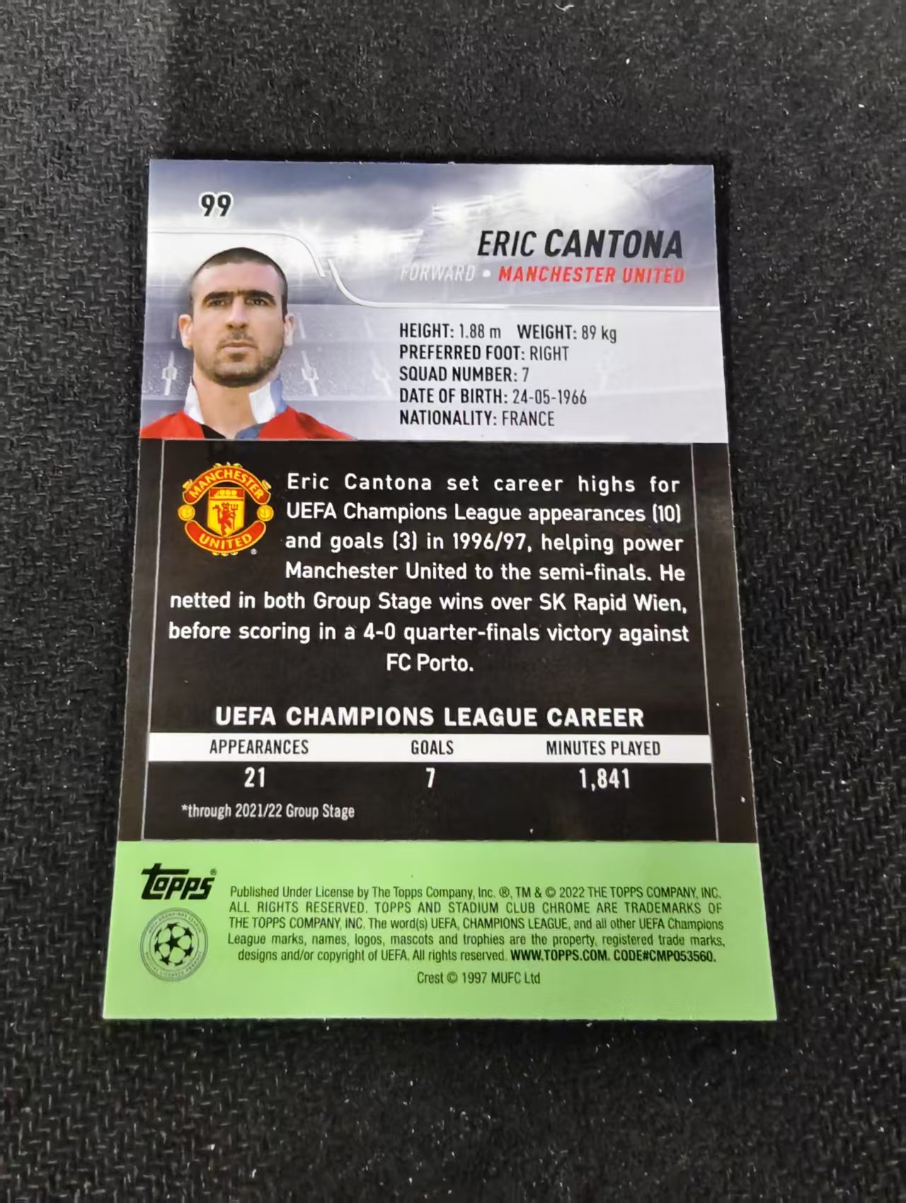 2022 Topps Stadium Club Chrome Eric Cantona 曼联 国王 埃里克 坎通纳 竞技场 欧冠 划痕 边角瑕疵 #99
