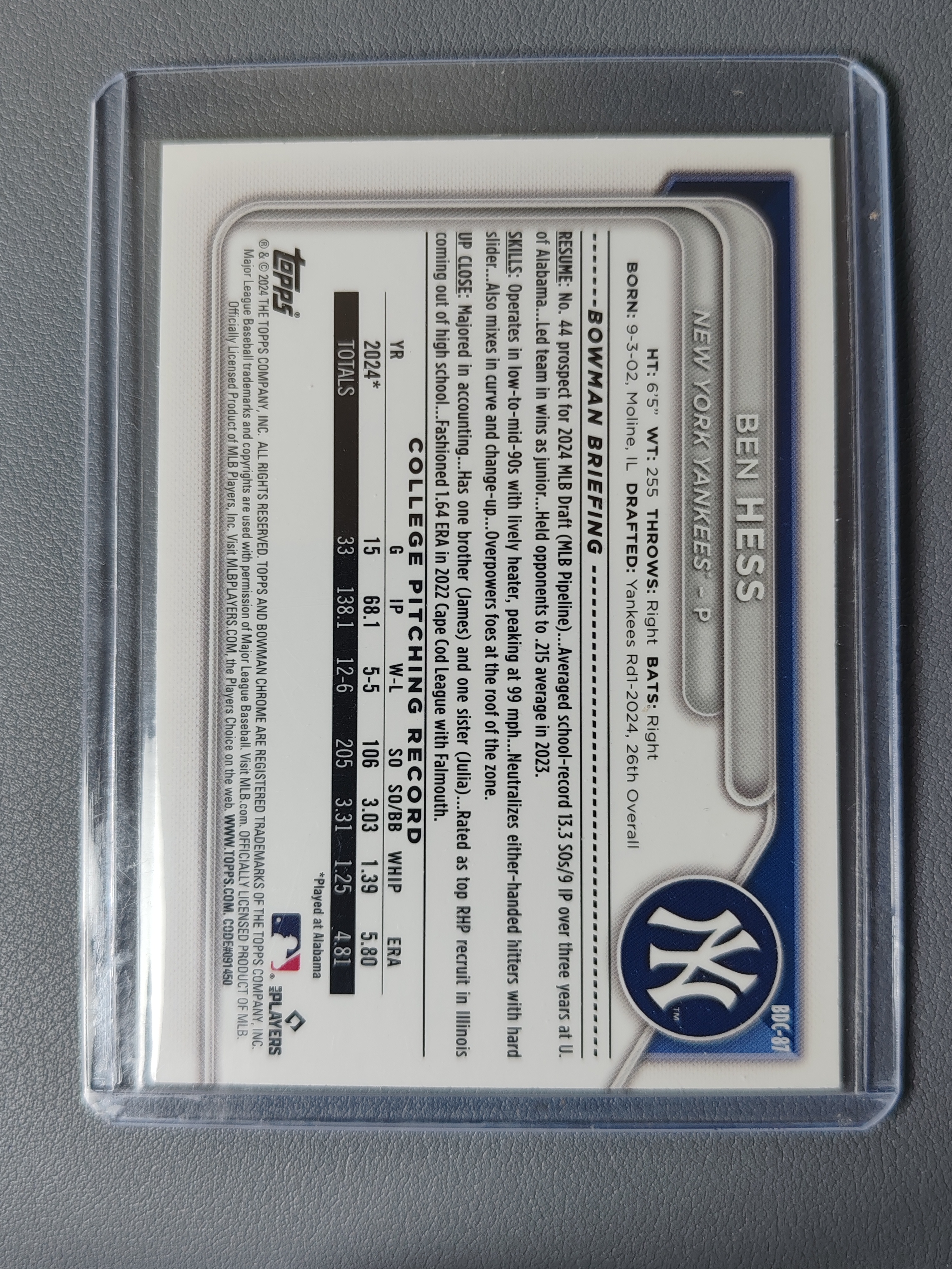 2024 Topps Bowman Ben Hess RC 1st 青折!【001】