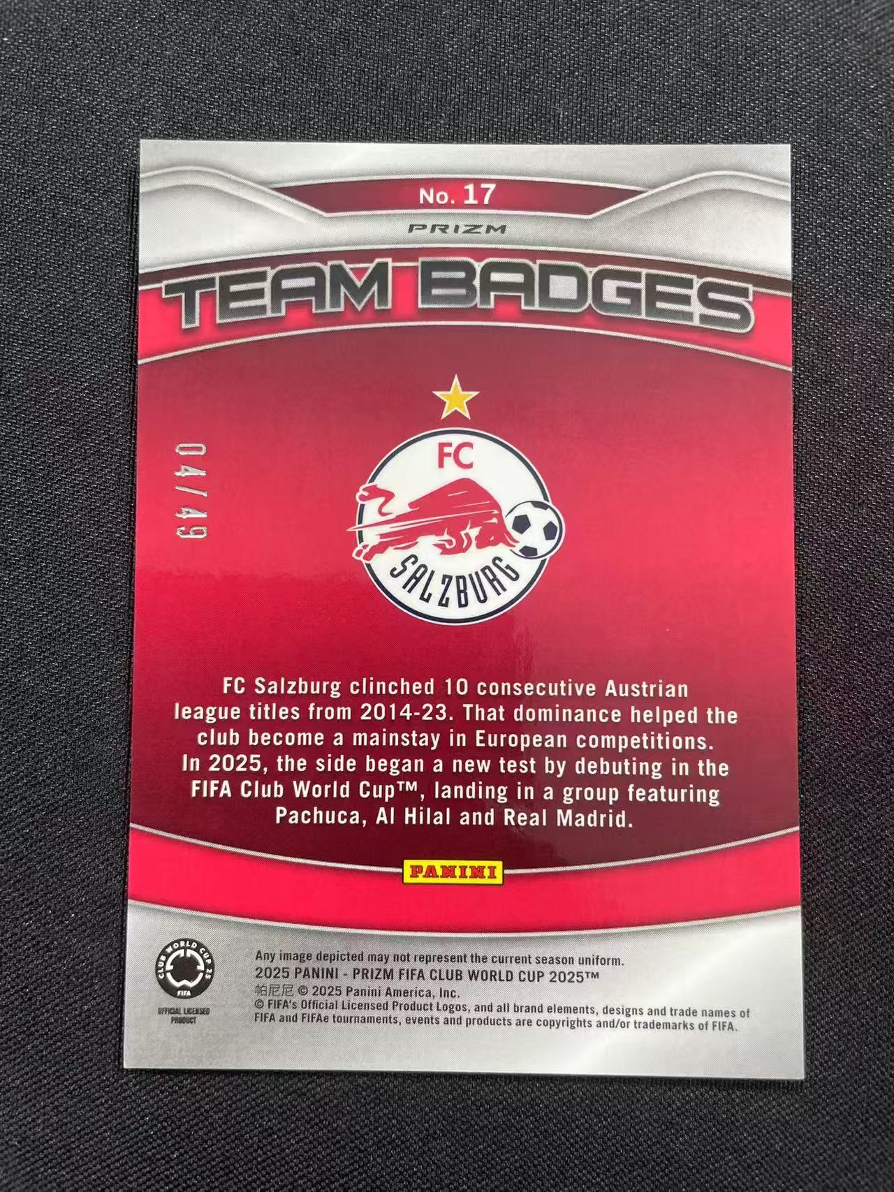 2025 Panini Prizm Club World Cup FC Red Bull Salzburg 世俱杯 萨尔茨堡红牛 04/49编 紫潘多拉折 队徽 特卡 不保卡品【玉龙】