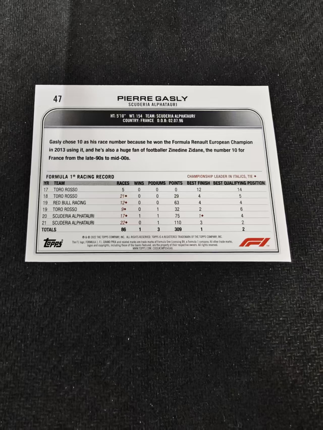 2022 Topps Chrome F1 Pierre Gasly 皮埃尔 加斯利 小红牛 划痕 边角瑕疵 @47