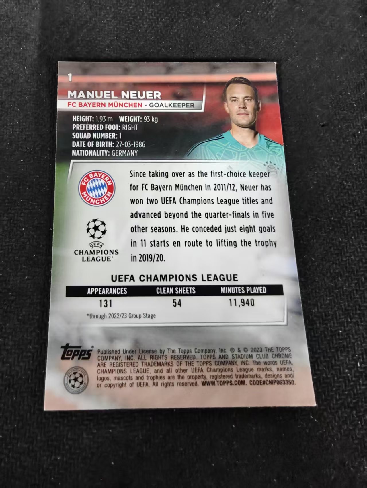 【可合并,不累计】2023 Topps Stadium Club Chrome Manuel Neuer 诺伊尔 拜仁慕尼黑 欧冠 竞技场 不保卡品 介意勿拍 #1