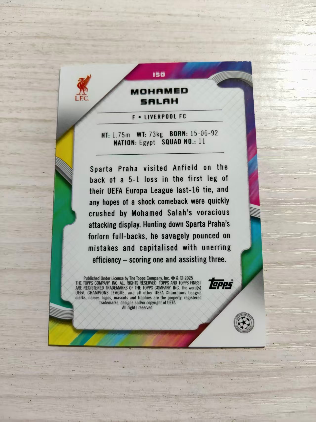 2025 Topps Finest Mohamed Salah 【西北拍卖】topps欧冠finest 萨拉赫 44/50编金折 利物浦 埃及 行