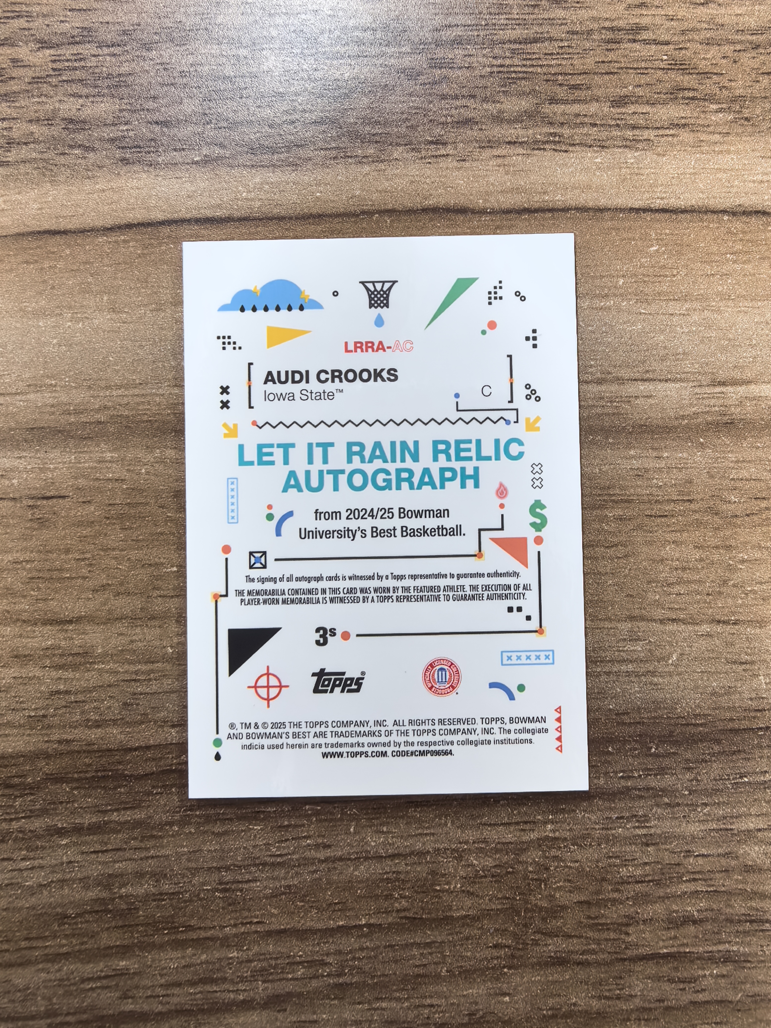 2024-25 Topps Bowman's Best AUDI CROOKS 大学篮球 奥迪克鲁克斯 01/25编 首编 签字 贴签 球衣暴力切割 橙马赛克折 折射 卡品如图 流浪1