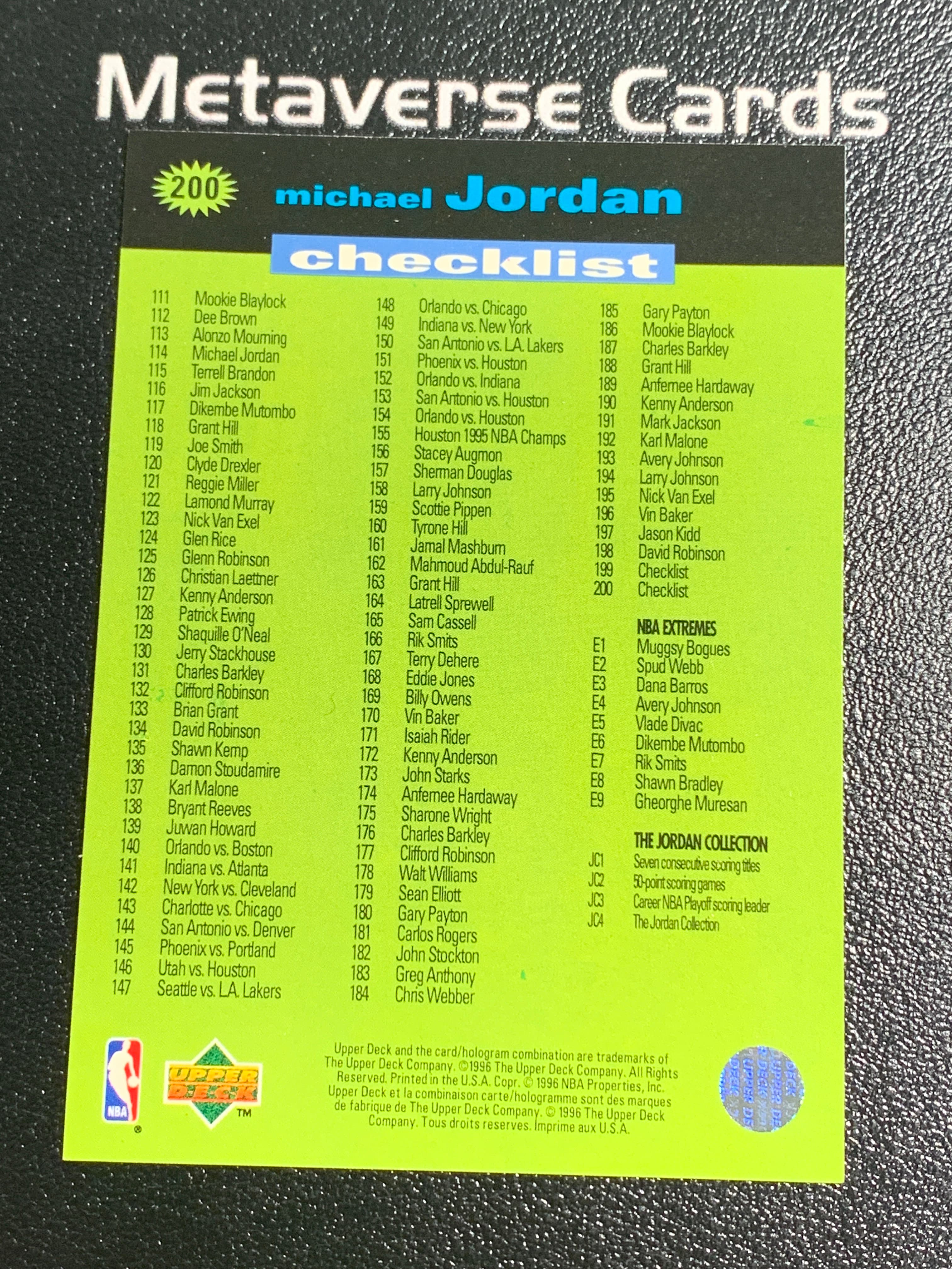 【元宇宙拍卖】张张总219:1996 Upper Deck Collectors Choice Michael Jordan 公牛 迈克尔 乔丹 飞人 篮球之神 Checklist 特卡 经典老卡 瑕疵如图 收藏必备