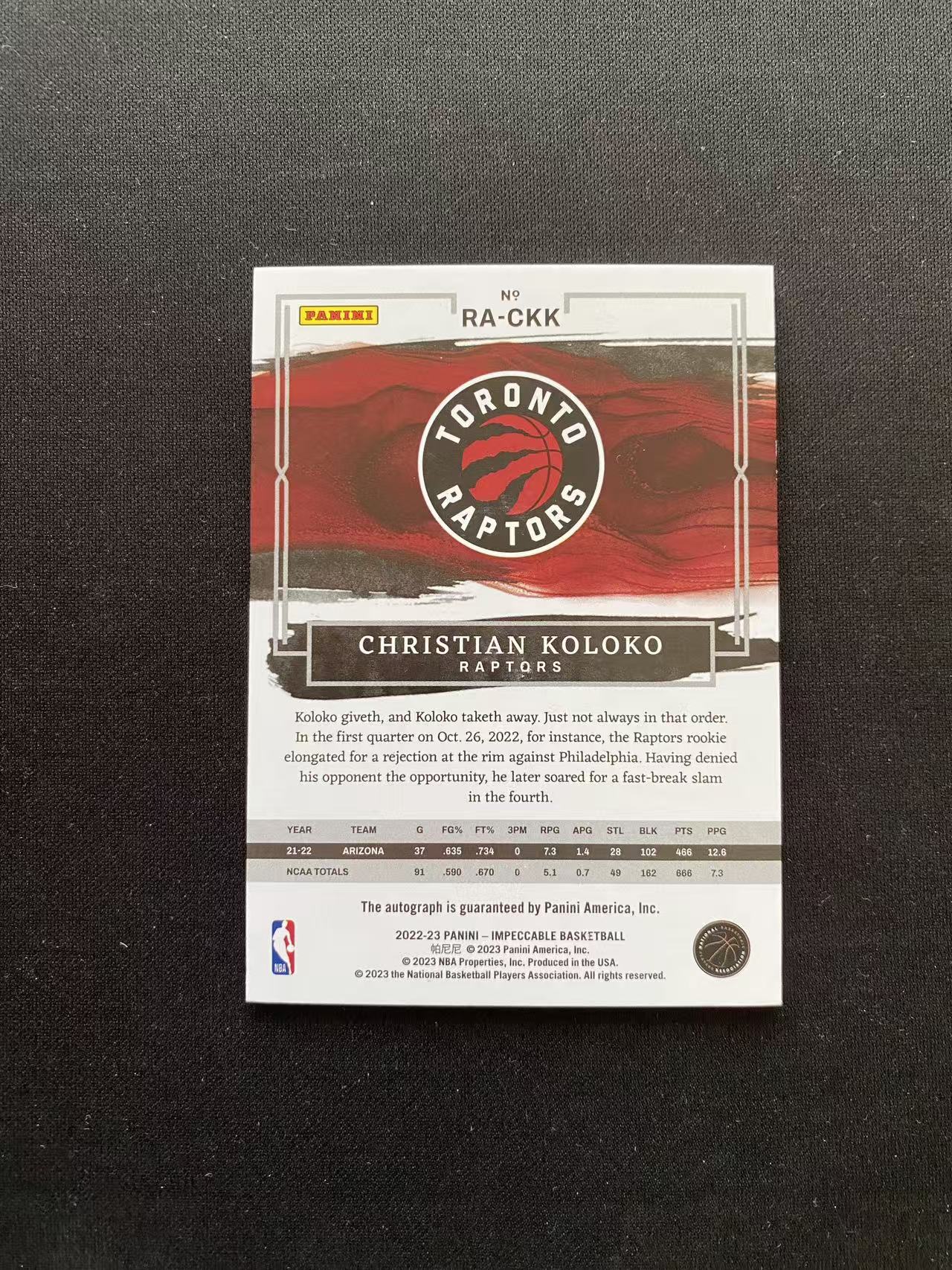 2022-23 Panini Impeccable Christian Koloko 小真金 猛龙 克洛克 签字卡签 新秀RC 99编【king#56】瑕疵如图