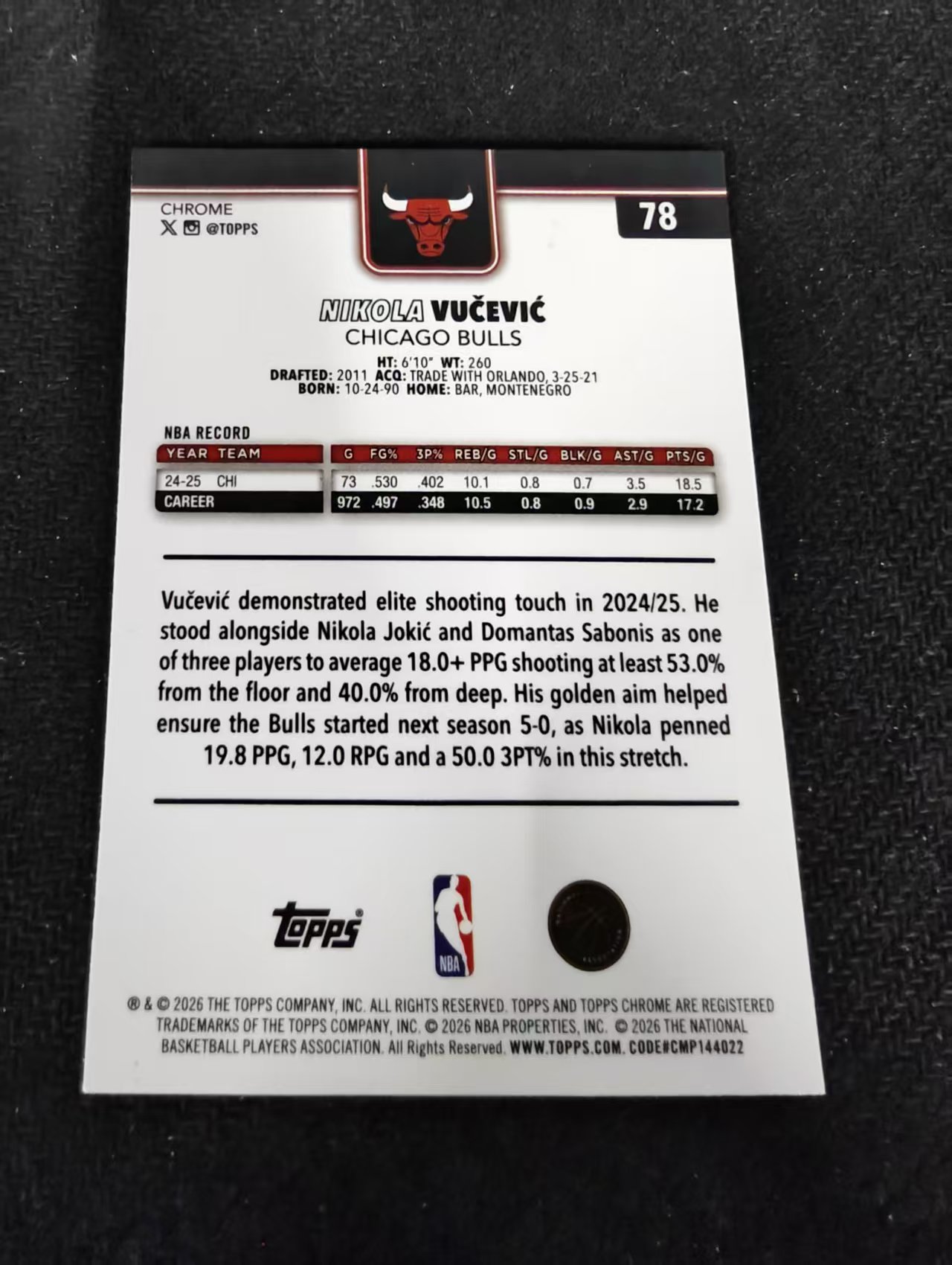 2026 Topps Chrome Update 公牛 Nikola Vucevic 武切维奇 TCU 划痕 边角瑕疵 #78