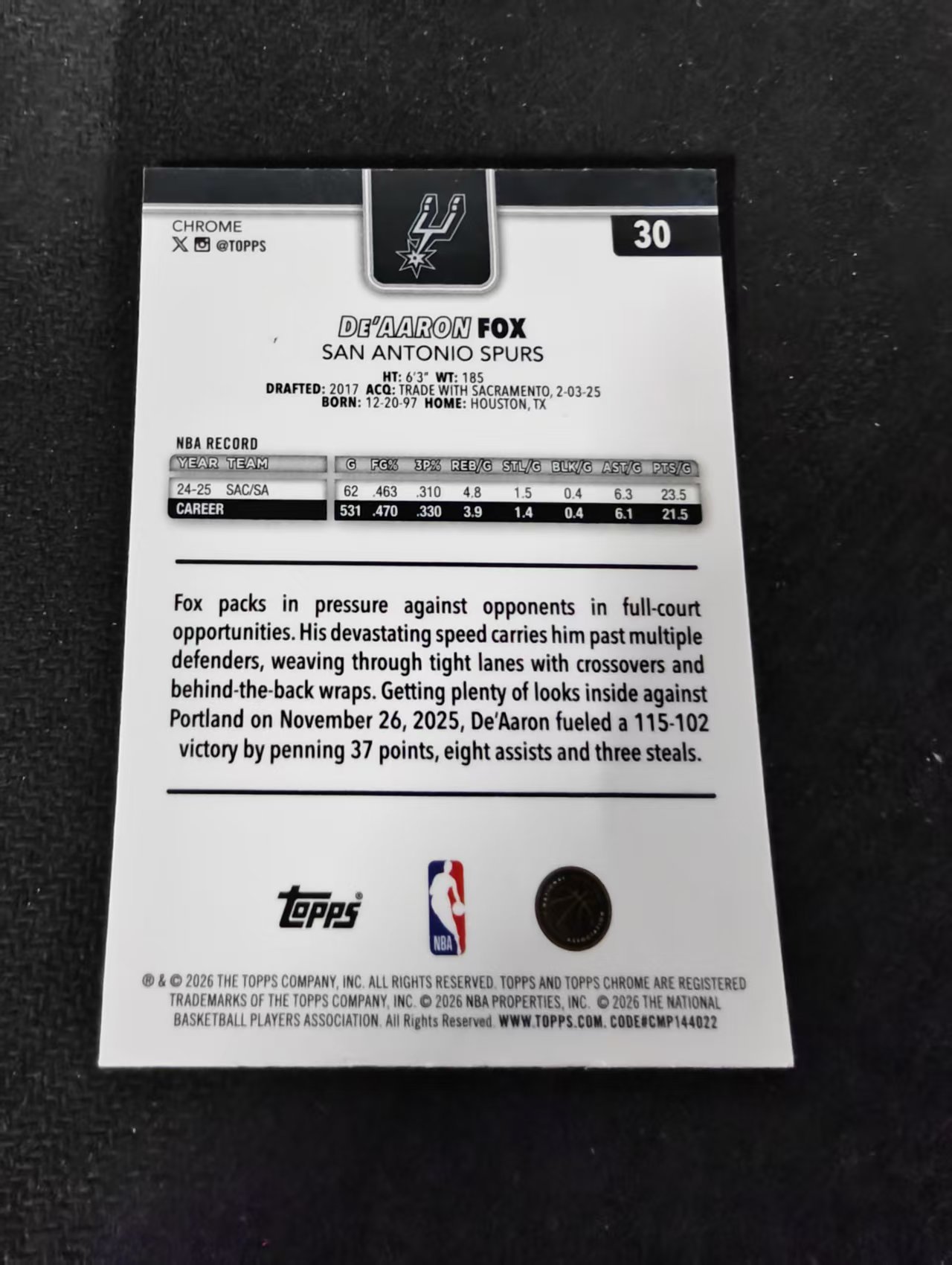 2026 Topps Chrome Update De'Aaron Fox 马刺 达龙 福克斯 小狐狸 TCU 划痕 边角瑕疵 #30