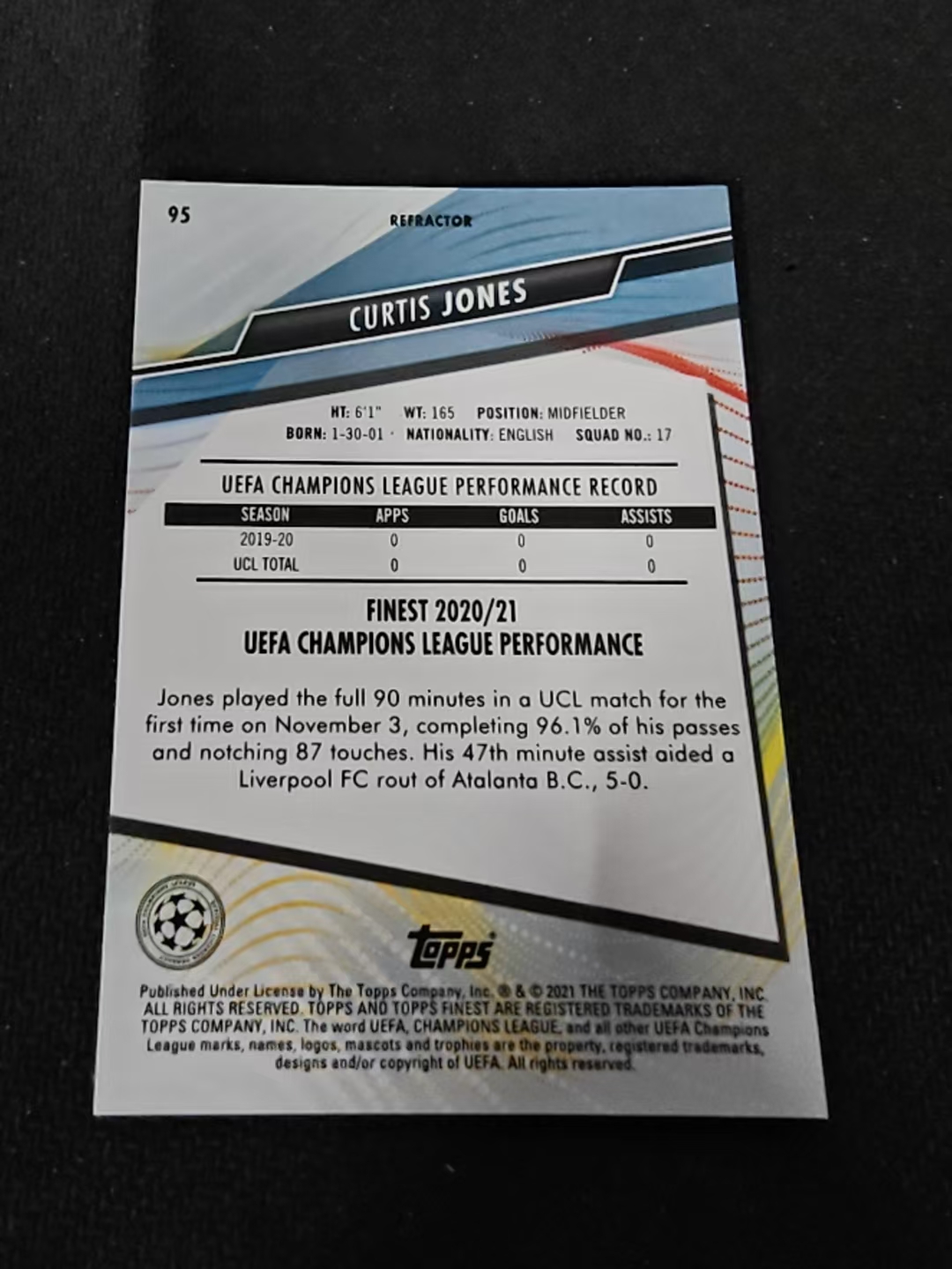 【可合并,不累计】2021 Topps Finest Curtis Jones 柯蒂斯 琼斯 利物浦 欧冠 银折 划痕 边角瑕疵 #95