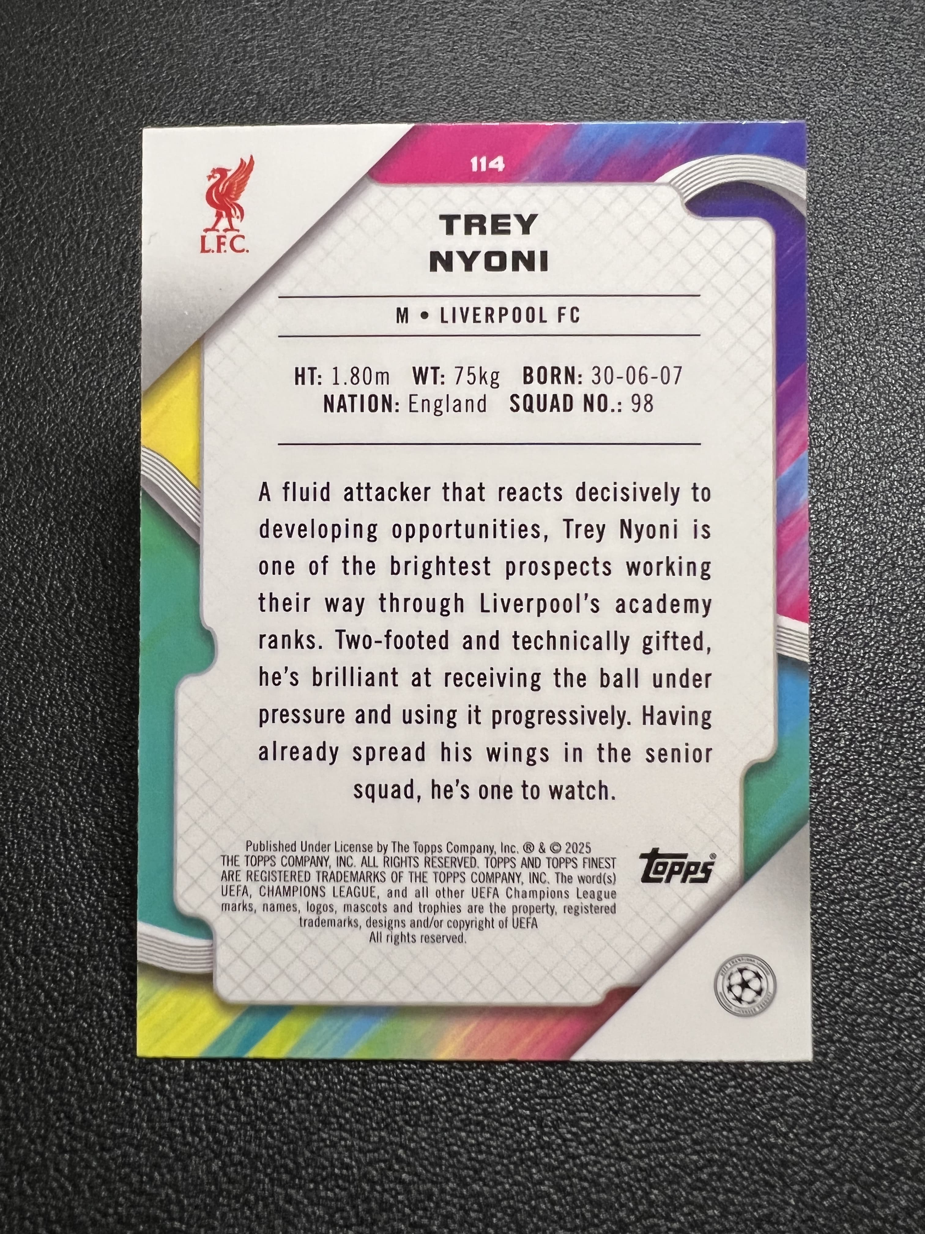 2025 Topps Finest Trey Nyoni RC 【星佑代卖】欧冠 利物浦 新秀 特雷 尼奥尼 紫折 299编 收藏必备 alan