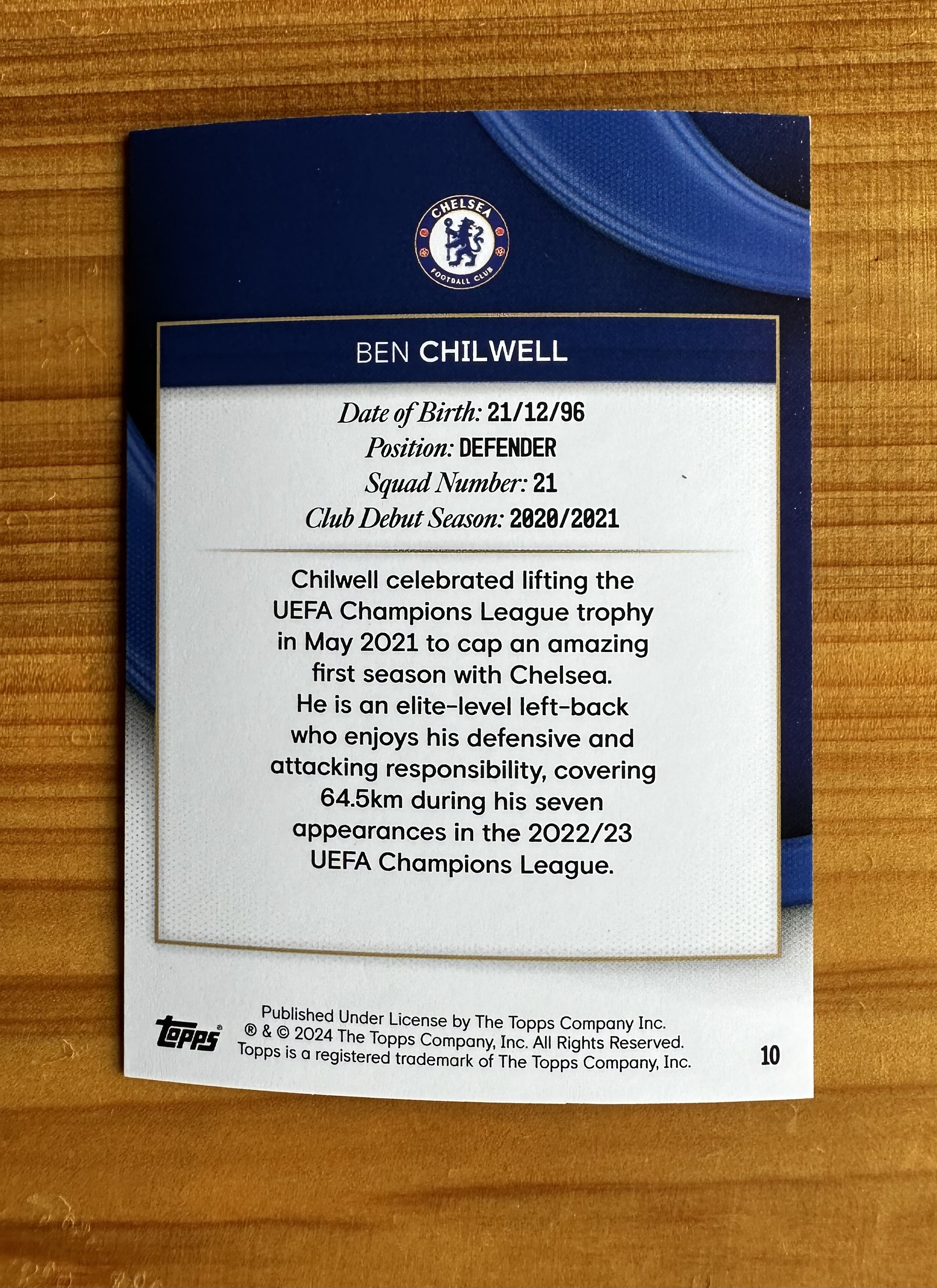 2024 Topps Chelsea FC 切尔西队盒 Ben Chilwell 切尔西 本奇尔维尔 红折 4/5 卡整体弯曲 正面印刷线 左下角翘边 品控慎拍 不累计 菊-ZC