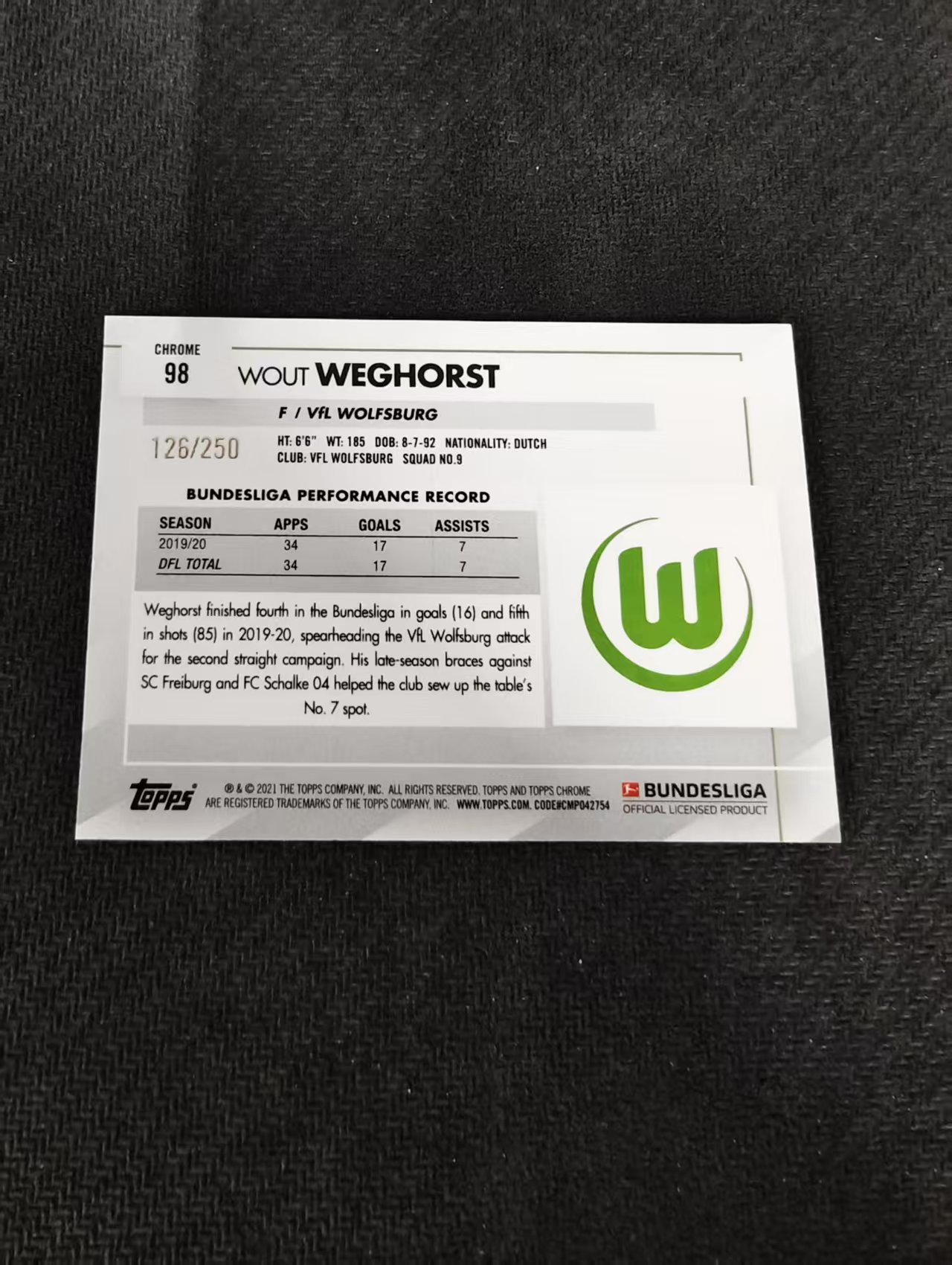 【可合并,不累计】2021 Topps Chrome Wout Weghorst 沃尔夫斯堡 阿贾克斯 荷兰 韦霍斯特 德甲TC 波纹折 250编 划痕 边角瑕疵