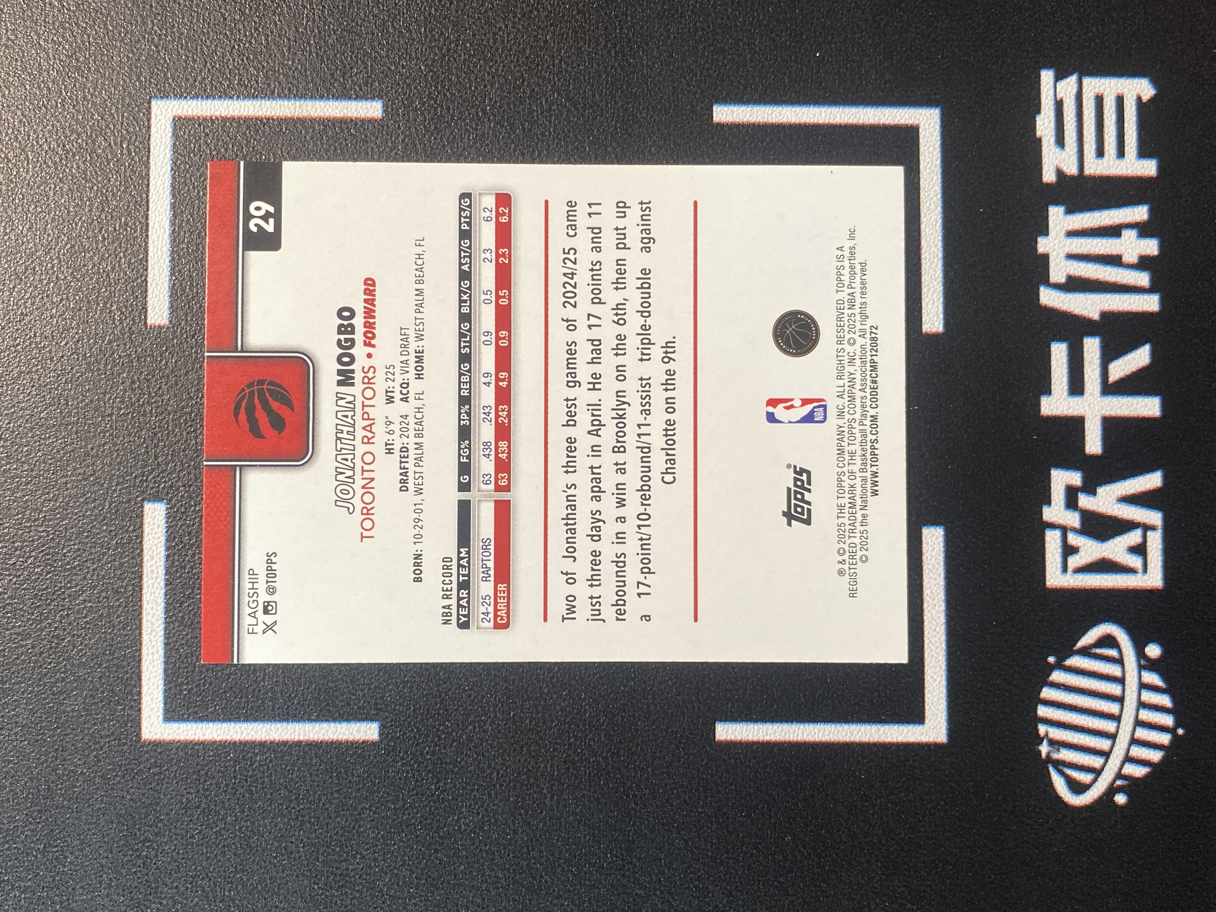 2025-26 Topps Flagship Jonathan Mogbo 【欧卡体育】元年旗舰 莫格博 莫博 2025编 猛龙 卡品如图(J416)