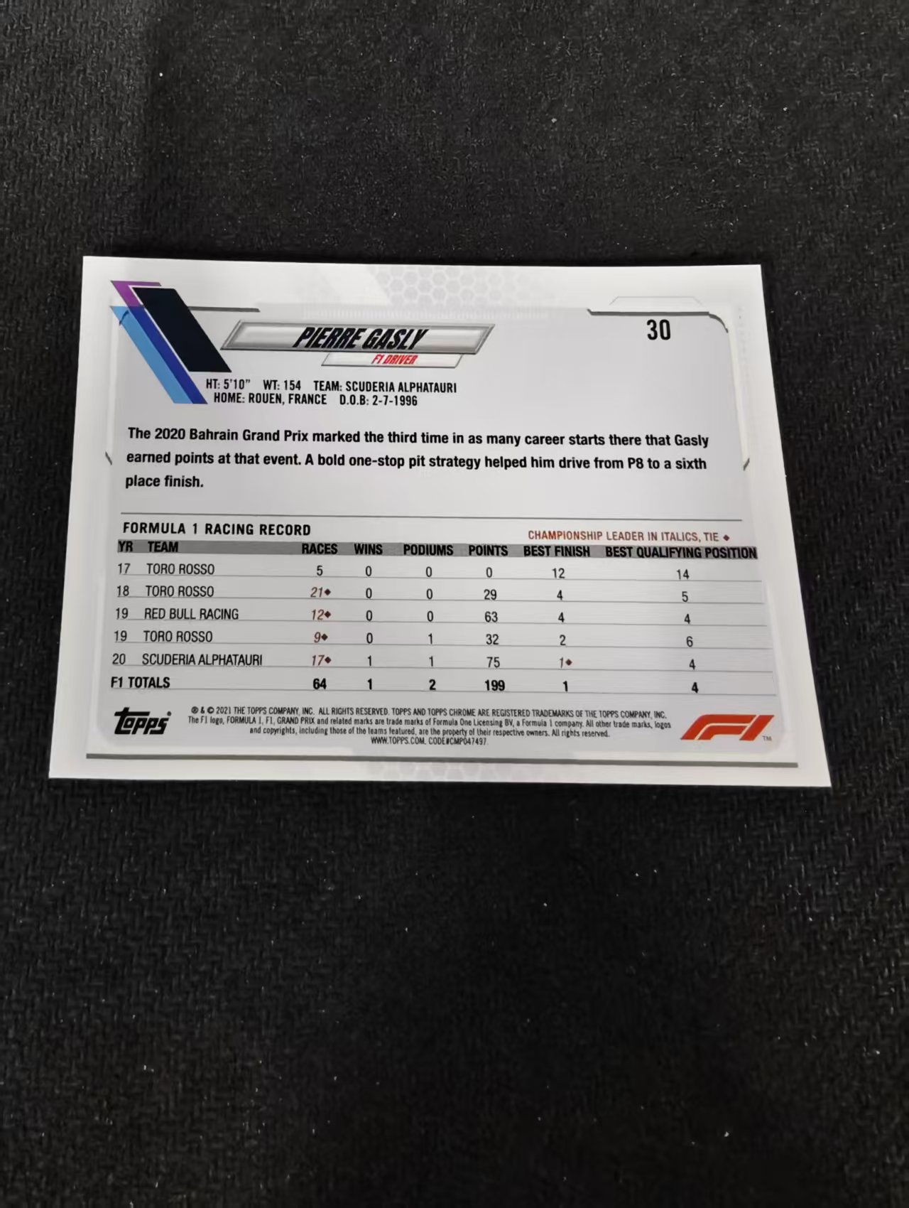2021 Topps Chrome Pierre Gasly F1 皮埃尔 加斯利 划痕 边角瑕疵 #30