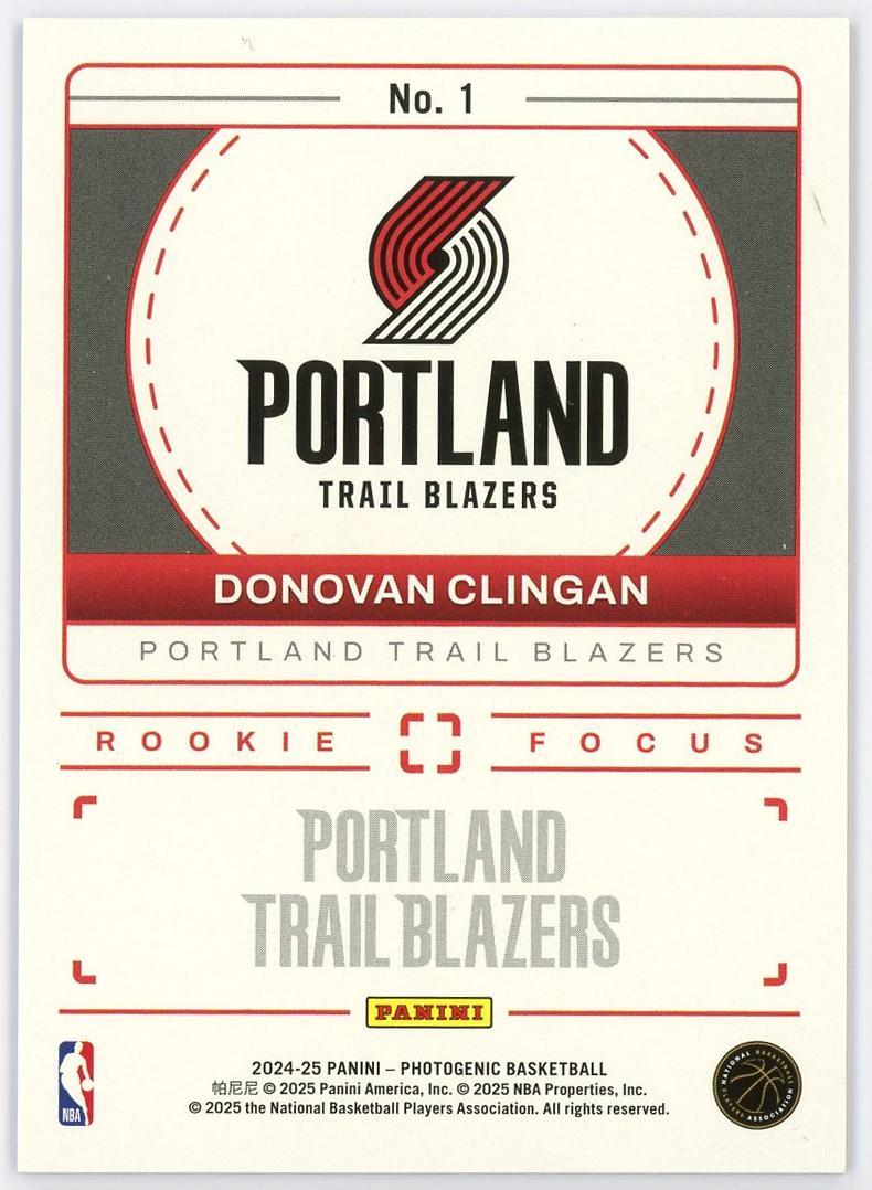2024-25 Panini Photogenic Donovan Clingan RC 多诺万克林根 新秀 上镜 15编 Focus 聚焦特卡 漩涡折 折射 开拓者 卡品如图 小小酥/11.12.