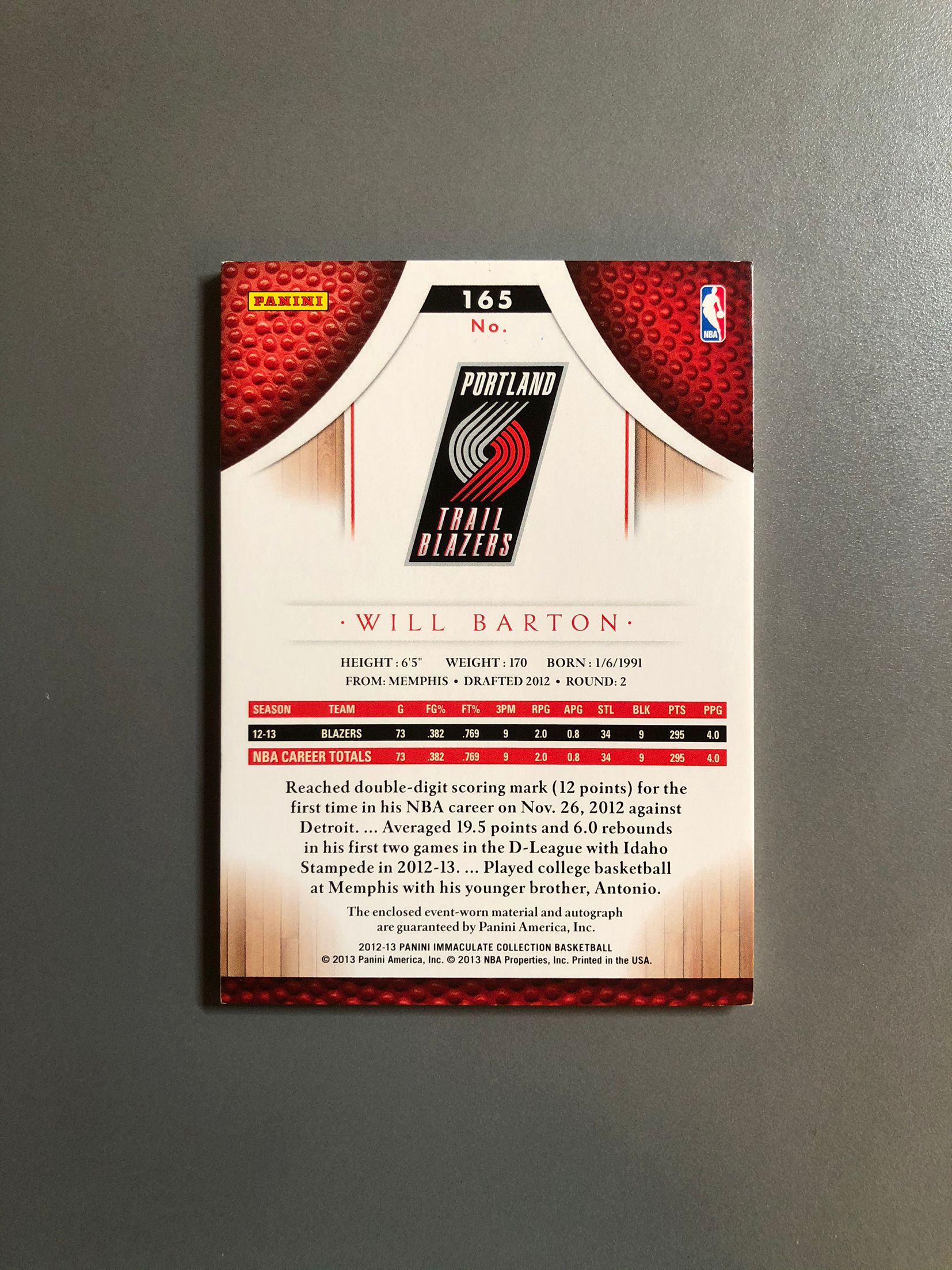 2012-13 Panini Immaculate Will Barton RC 威尔·巴顿 开拓者 新秀 RC 落场 球衣 签字 卡签 RPA 99编 切割暴力 实卡好看 卡品如图 可累计FT069