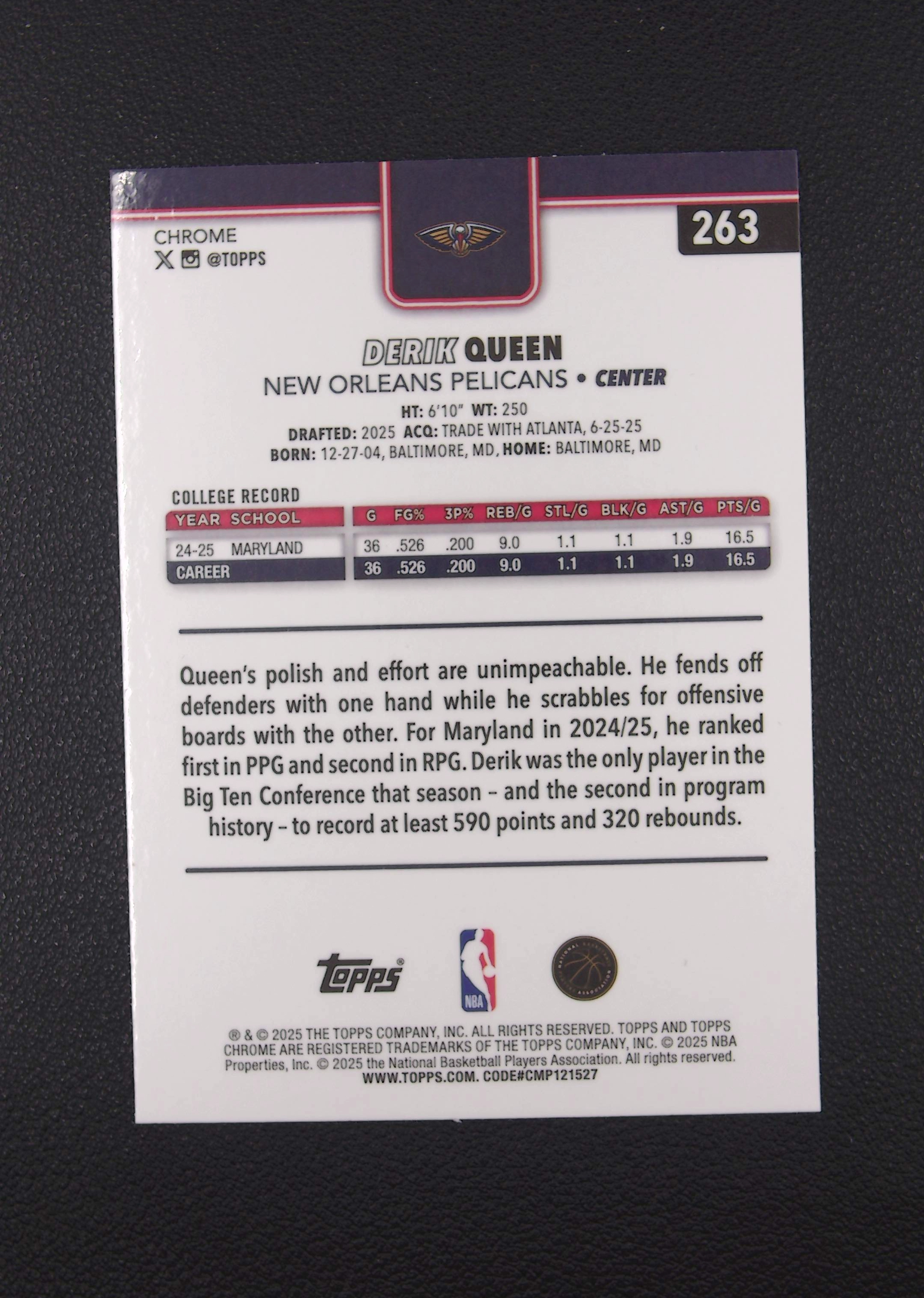 2025 Topps Chrome Derik Queen RC 德里克 奎因 新秀 三色折 鹈鹕 皇后哥【Big M 代拍】 小白001