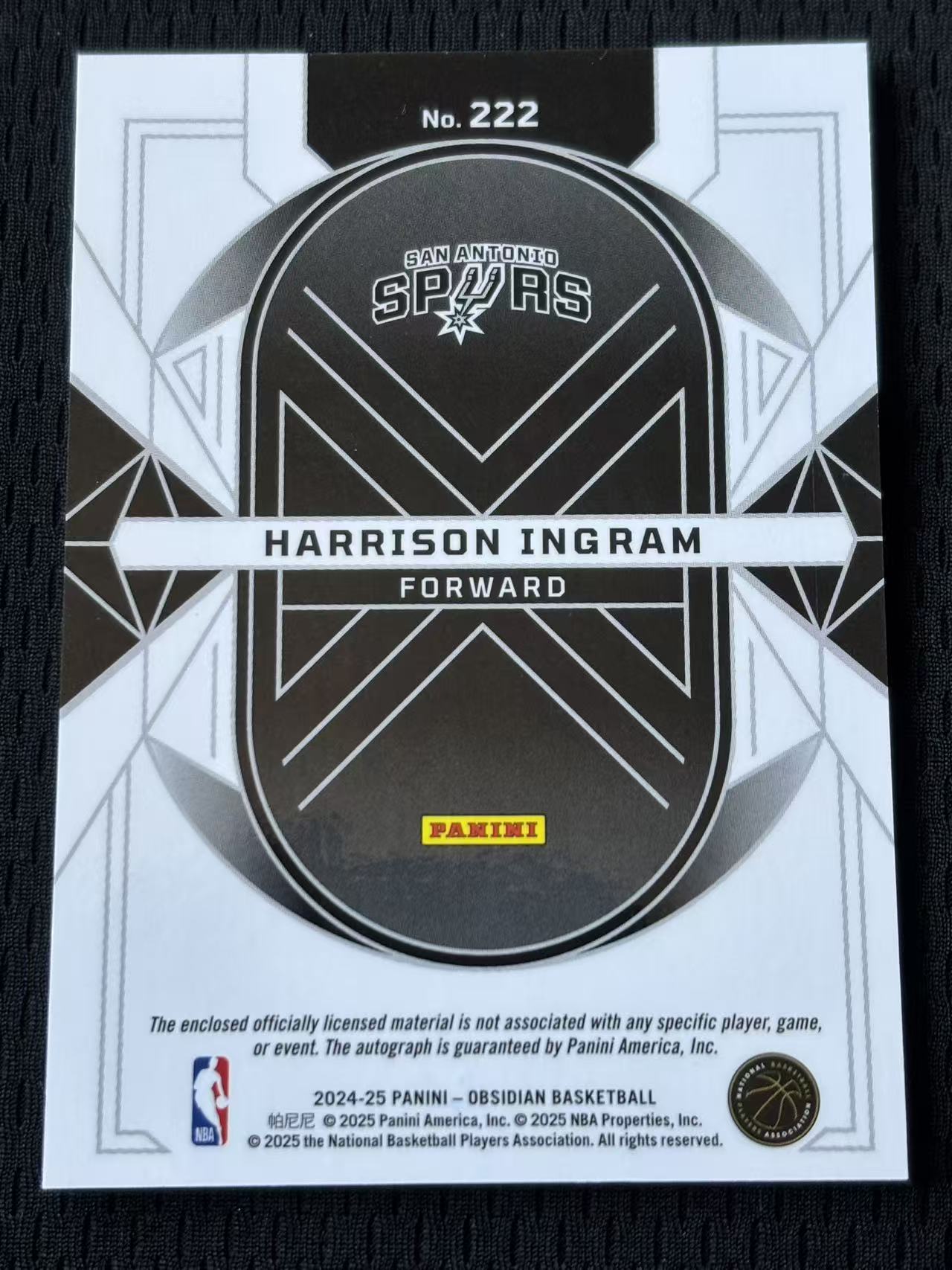 2024-25 Panini Obsidian Harrison Ingram RC 黑曜石 马刺 新秀 哈里森 英格拉姆 3色 patch 签字 RPA 不累计