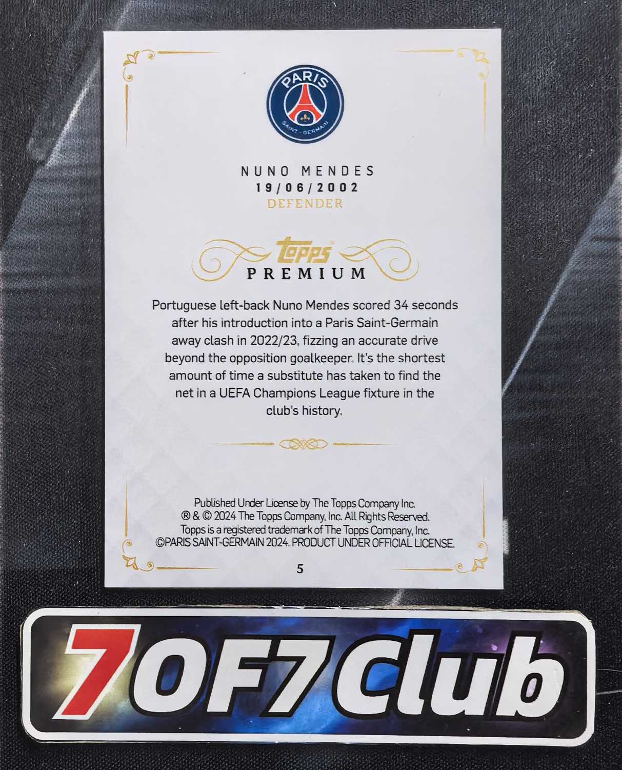 【7OF7Club拍卖】巴黎手提 Nuno Mendes 努诺 门德斯 10编 白平行 巴黎圣日耳曼 世一边 卡品如图 略伦特11