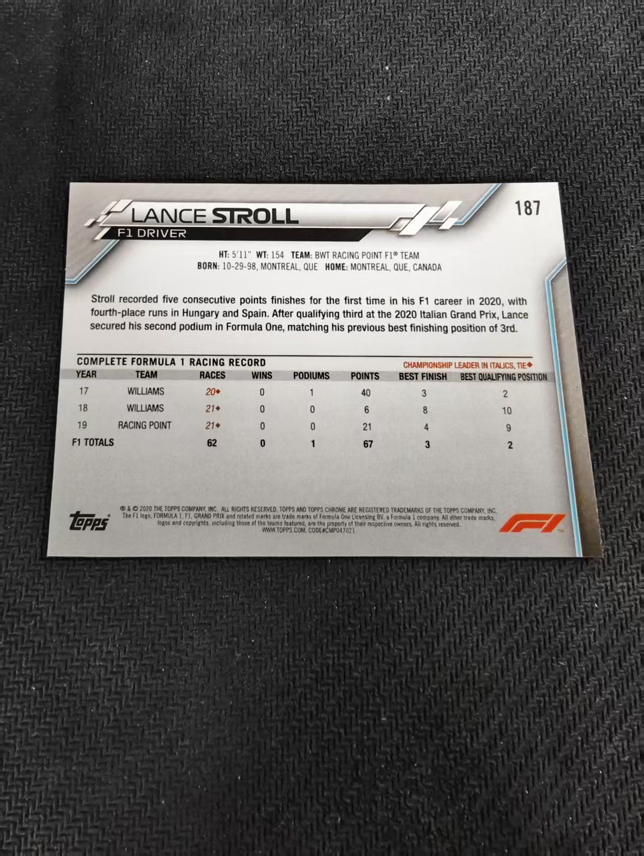 【汽水拍卖】2020 Topps Chrome F1 Lance Stroll 元年 斯托尔 蓝宝石 碎冰折 划痕 坑印 边角微瑕#187
