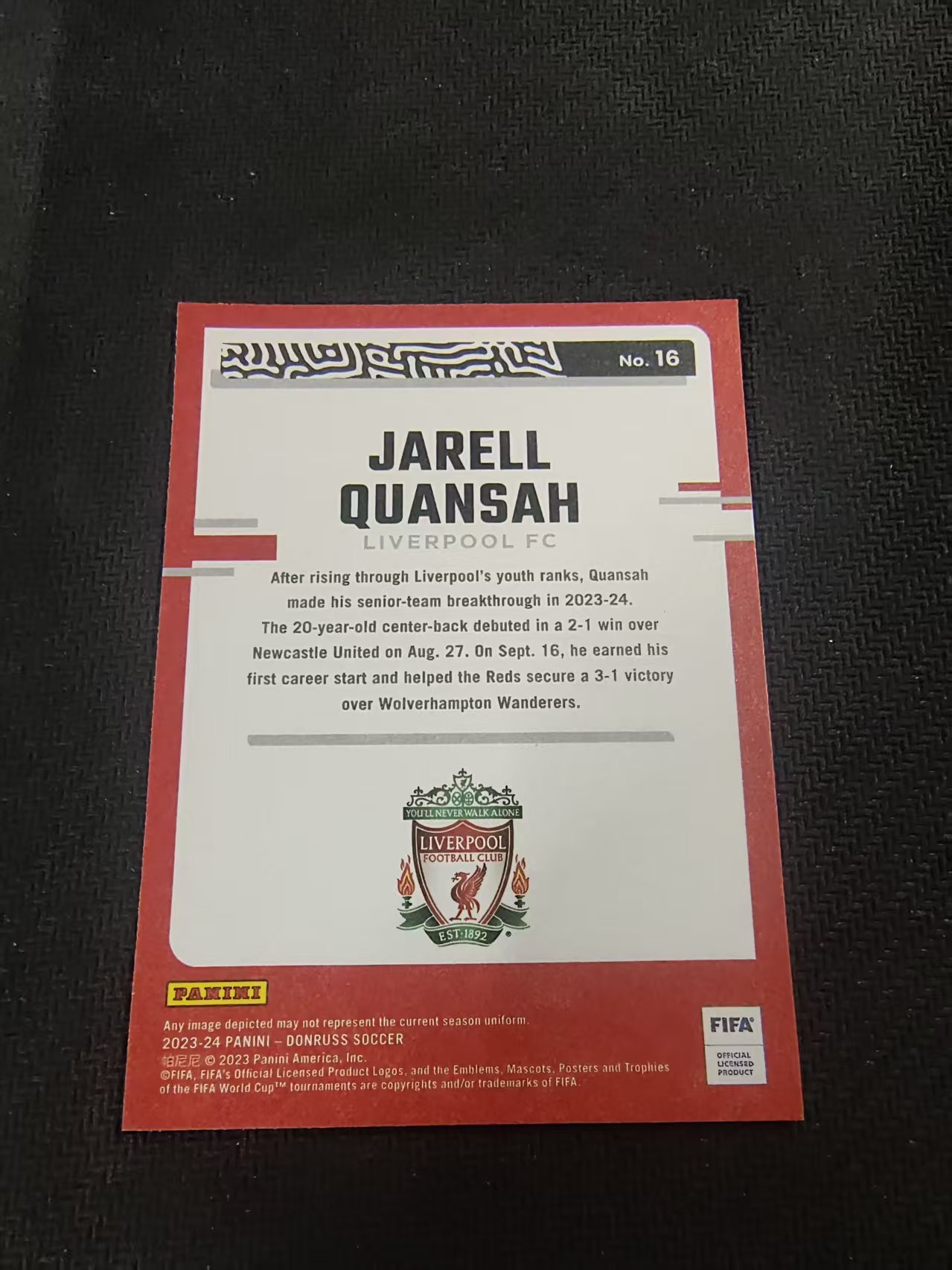 【可合并,不累计】2023-24 Panini Donruss Jarell Quansah RC 杜蕾斯 利物浦 夸安萨 特卡 划痕 边角瑕疵 #16