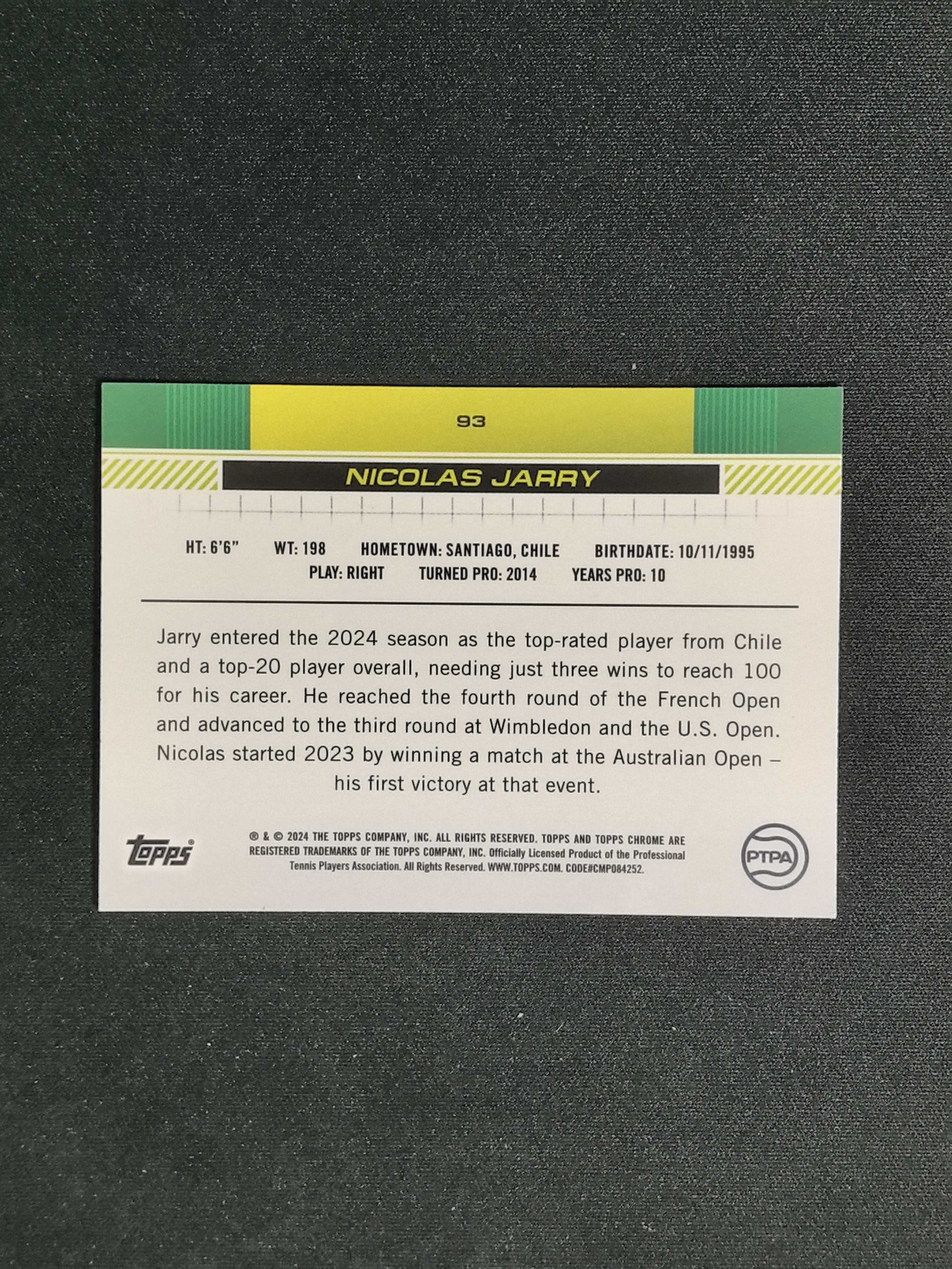 2024 Topps Chrome Nicolas Jarry Chrome 网球 智利 尼古拉斯 贾里 499编 紫折 卡品如图【CYT球星卡】