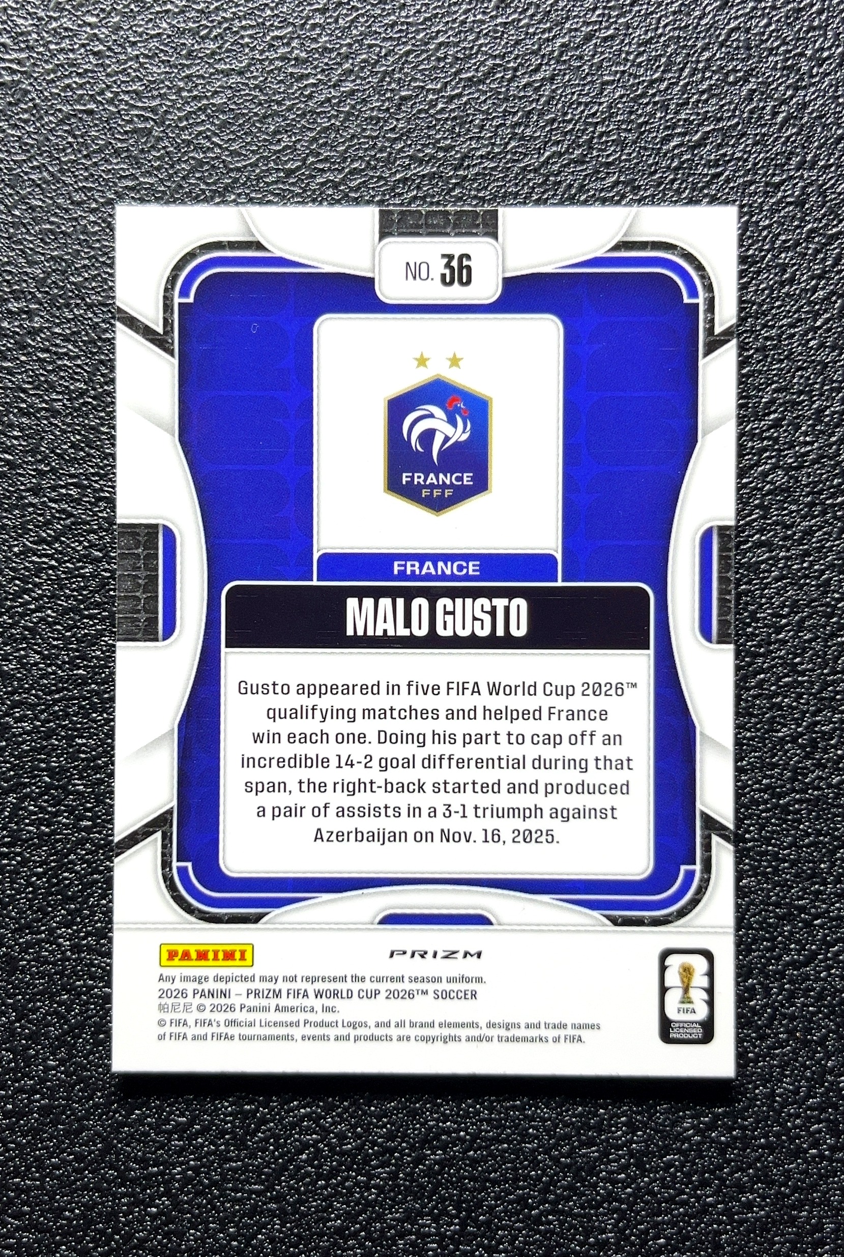 【小白1%代卖】2026 Panini Prizm Malo Gusto 马洛·古斯塔 卡品如图 高价值 #36 FRANCE 法国 0809