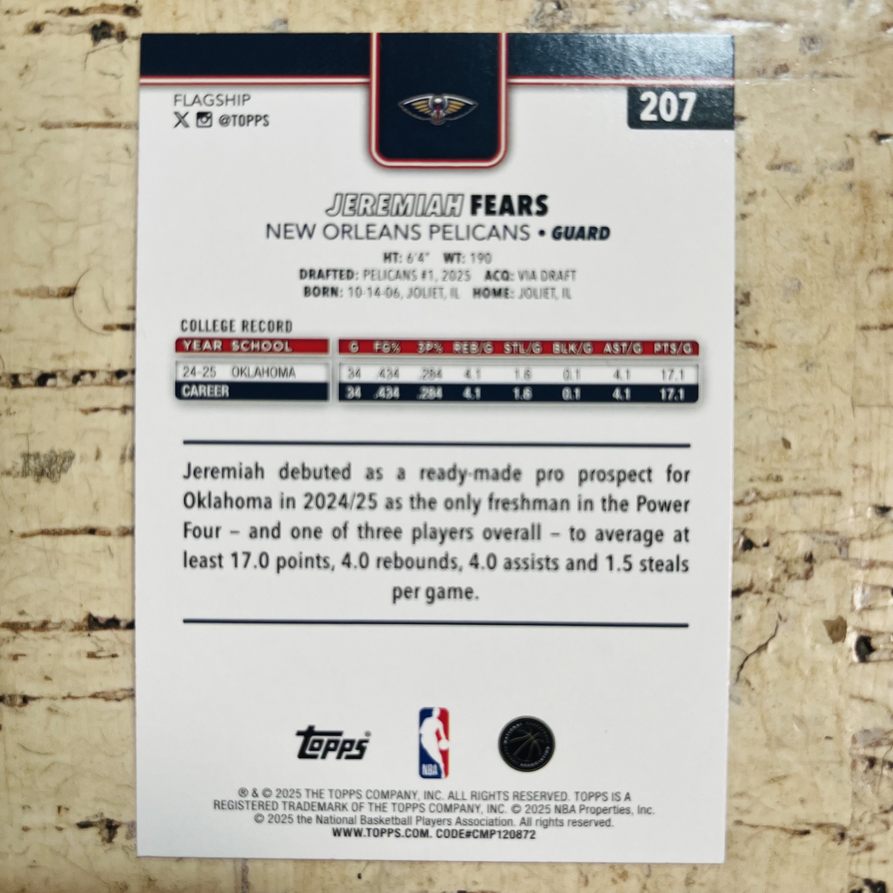 2025-26 Topps Flagship Jeremiah Fears RC 新秀 鹈鹕 费尔斯 菲尔斯 正银折 银折射 holo折 稀有折射 凑彩虹必备【小卡迷拍卖 可累积半年】