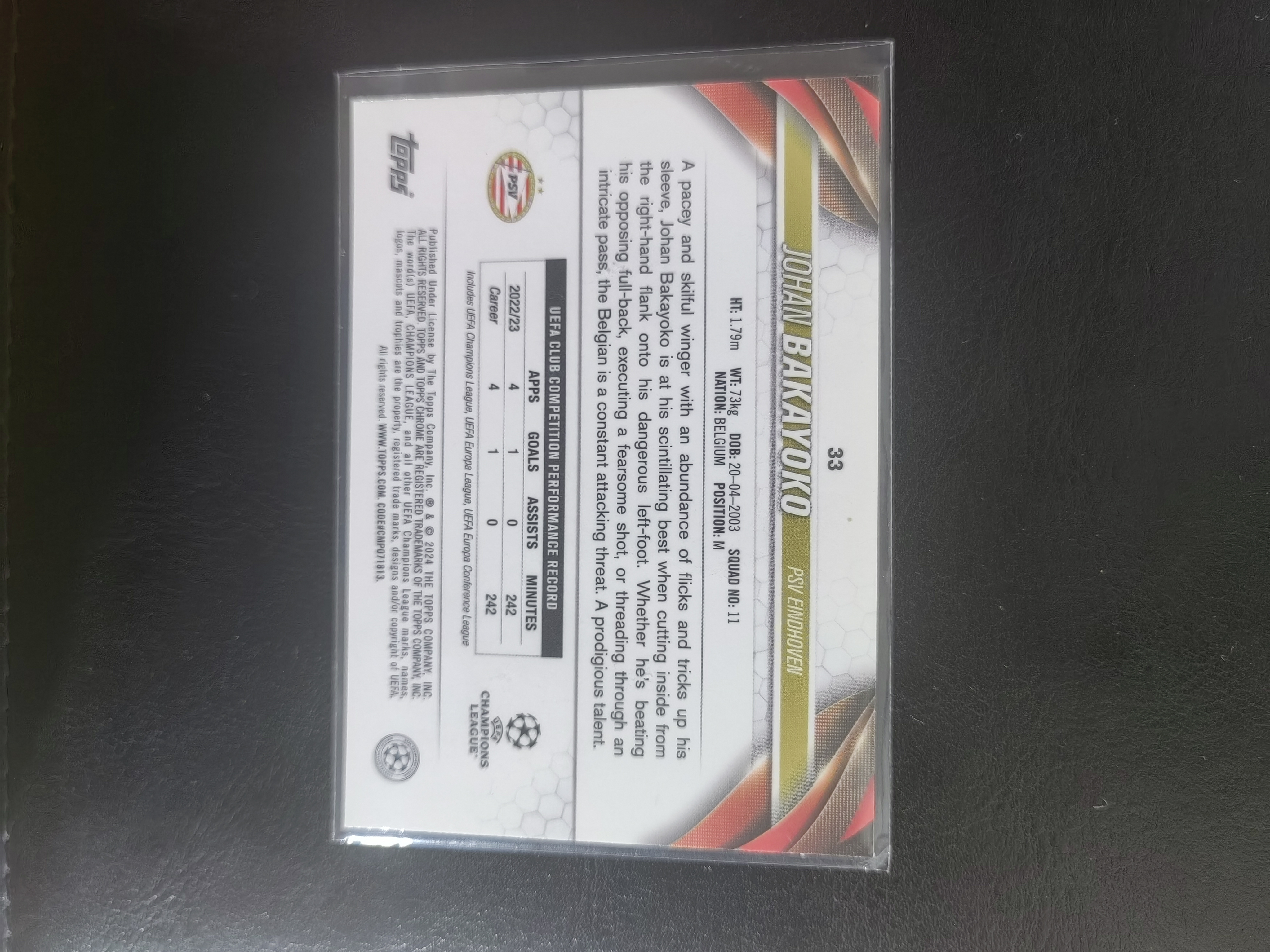 2024 Topps Topps Chrome Johan Bakayoko 荷甲 约翰 巴卡约科 未来之星 特卡 蓝碎冰 PSV埃因霍温 比利时梅赫伦 足球 卡品如图 不保卡品