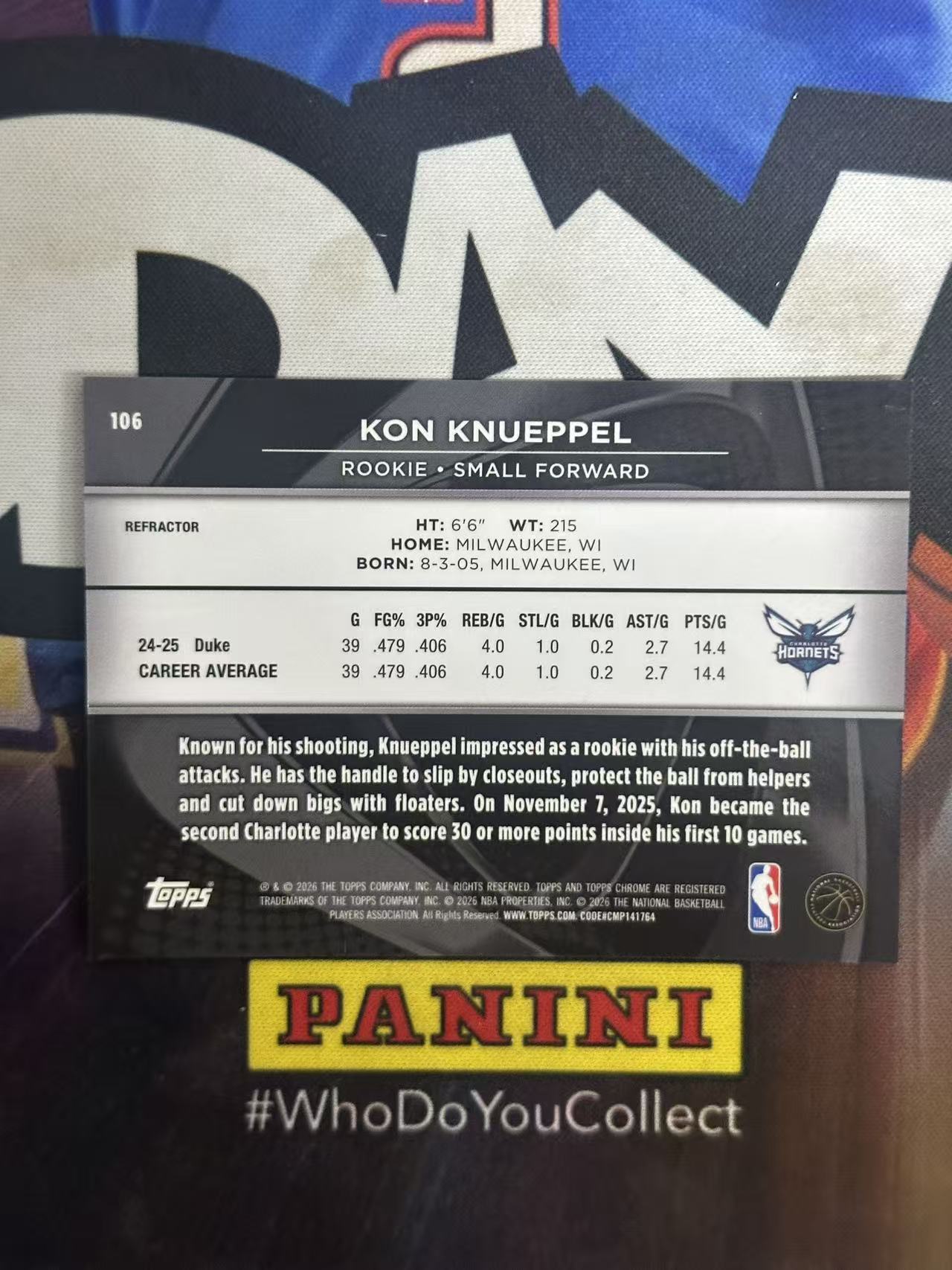 2026 Topps Chrome Black Kon Knueppel RC 【小猪包代卖】黄蜂 克努佩尔 299编 银波纹 黑盒 base 新秀 文西