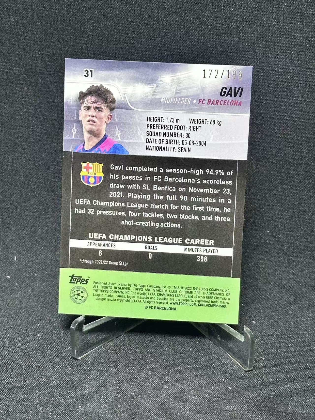 2022 Topps Stadium Club Chrome gavi RC 【哆哆卡社】加维 绿闪电折 199编 新秀 欧冠 西班牙超新星 卡品如图