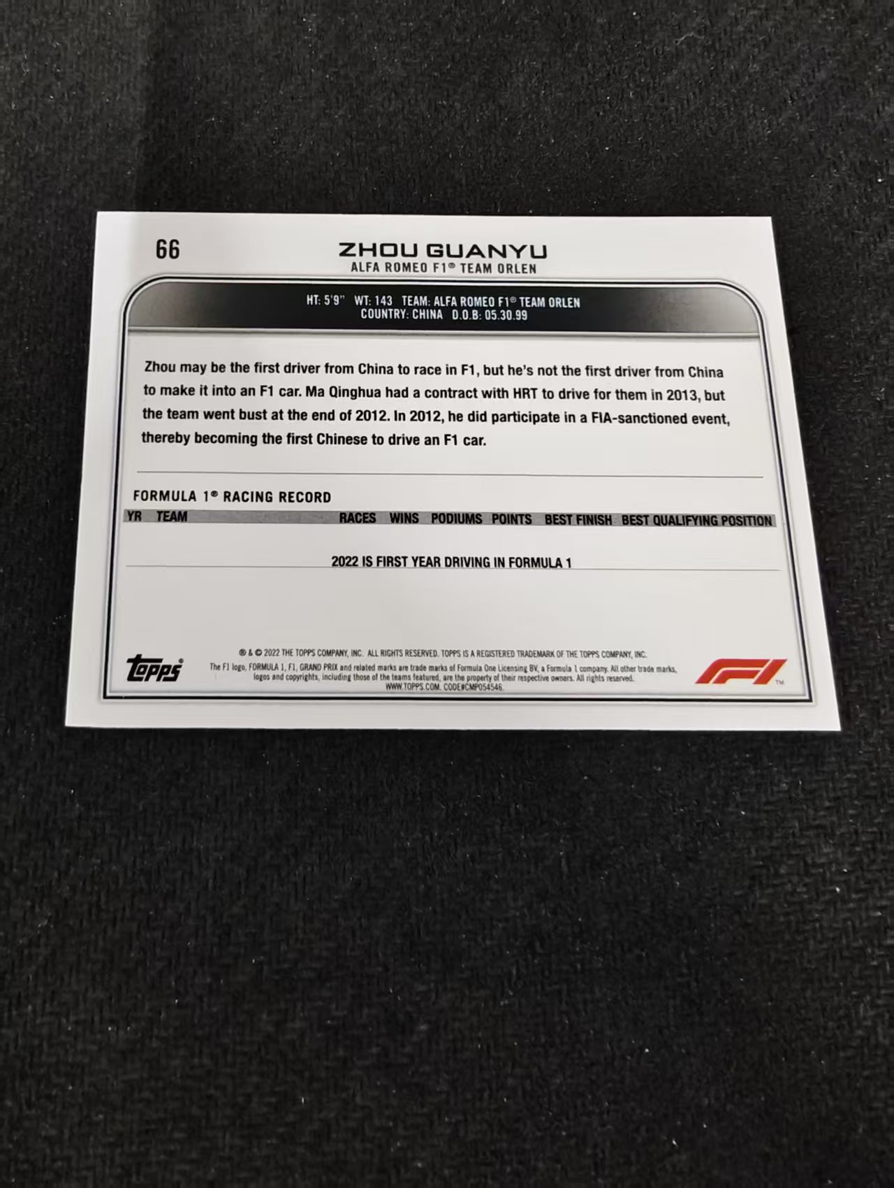 2022 Topps Chrome F1 Guanyu Zhou RC 周冠宇 新秀 阿尔法罗密欧 划痕 边角瑕疵 @66