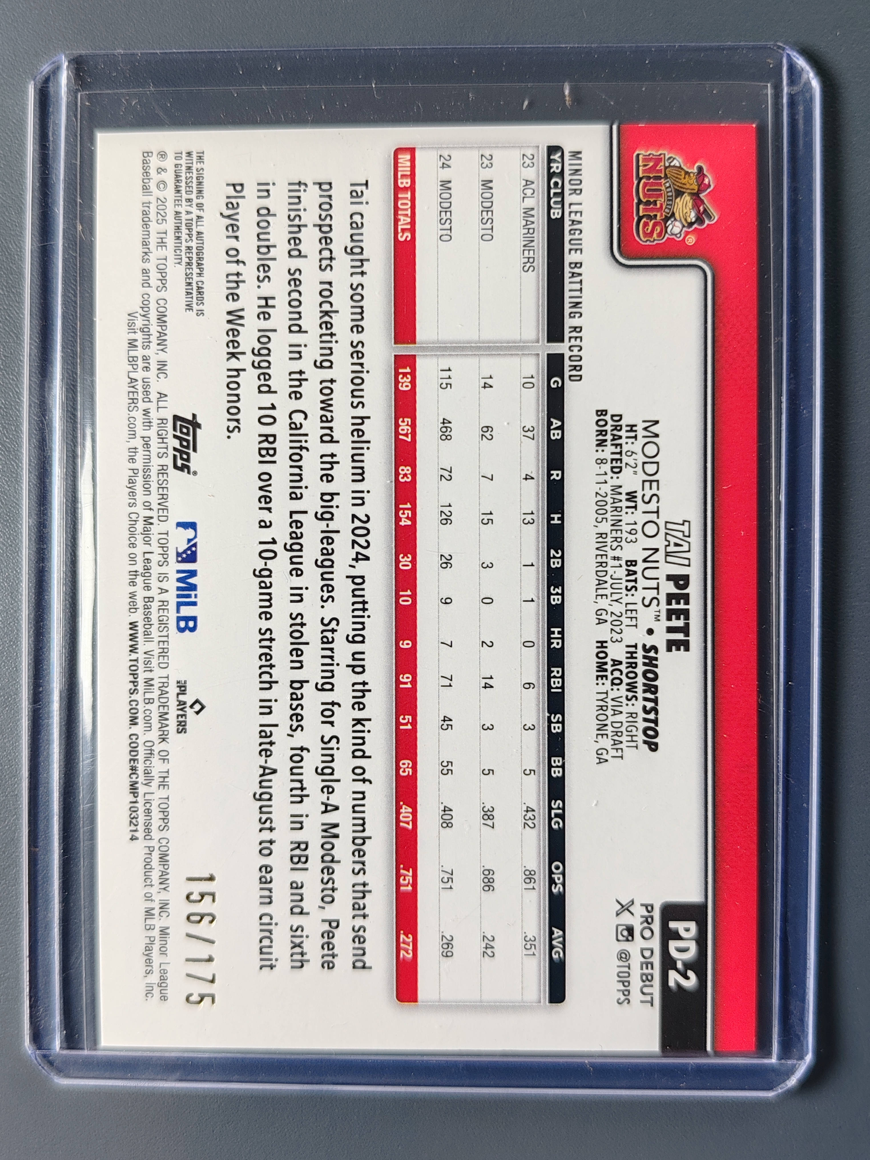 2025 Topps Pro Debut Tai Peete 水手 首轮秀 小联盟首秀 签字!175编!【9527】