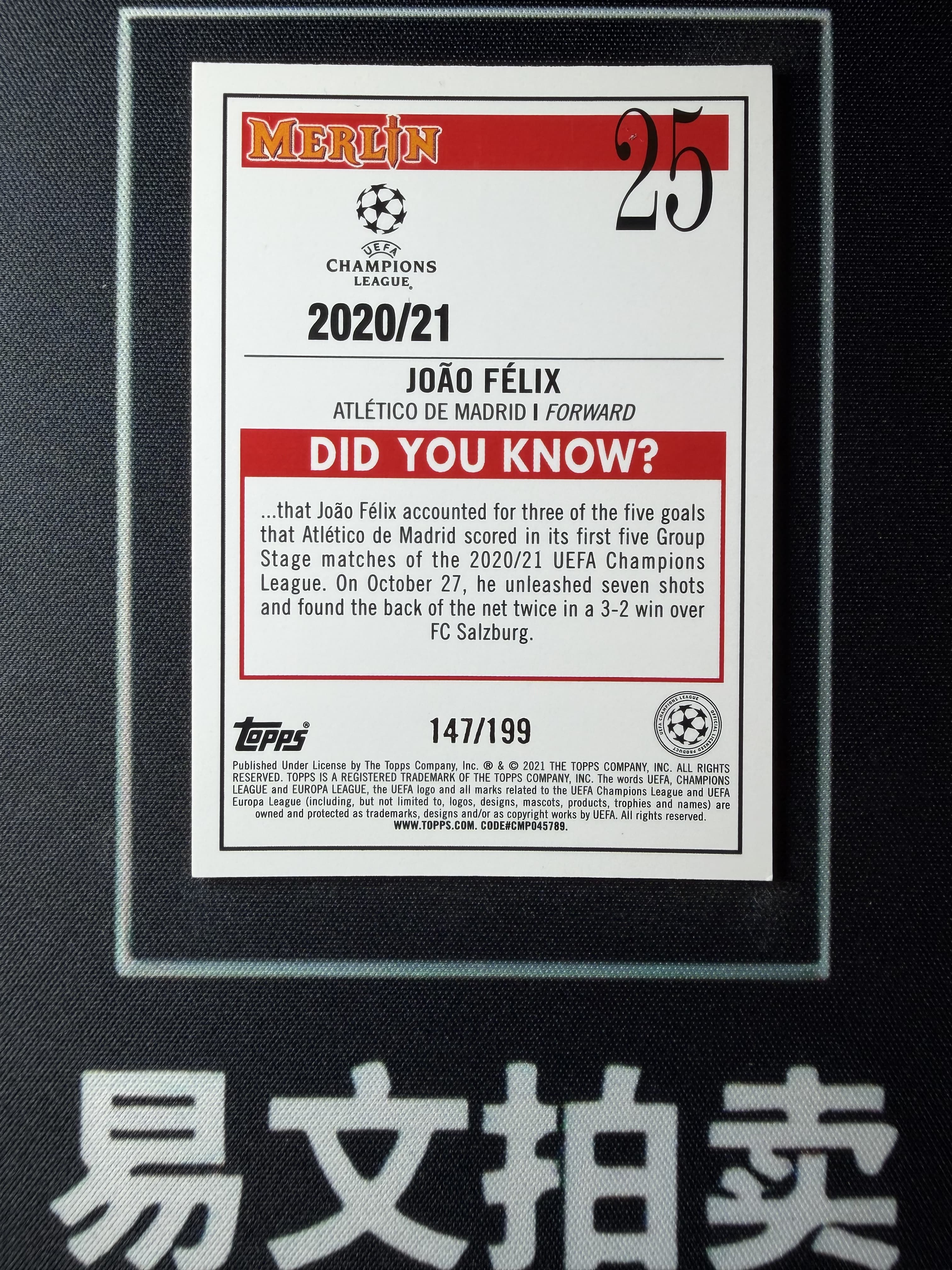 【易文拍卖 超级回款】2020-21 Topps Merlin 梅林 欧冠 JOAO FELIX 葡萄牙 切尔西 巴萨 马竞 本菲卡 若昂 菲利克斯 147/199编 #卡痴