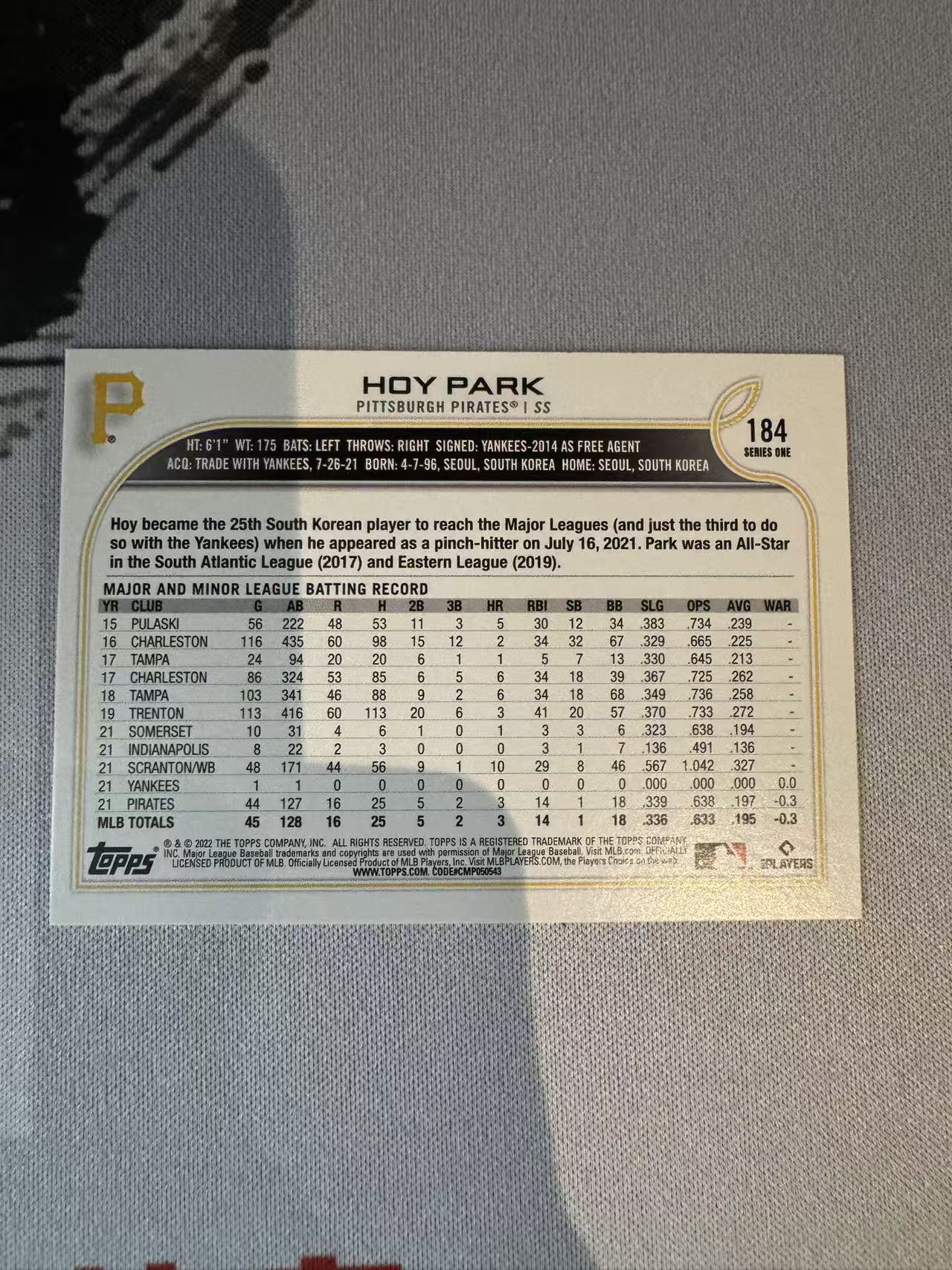 2022 Topps Series 1 Hoy Park RC MLB 系列1 匹兹堡海盗 新秀 朴孝俊 银Holo 纸卡 卡品如图 凑套收藏