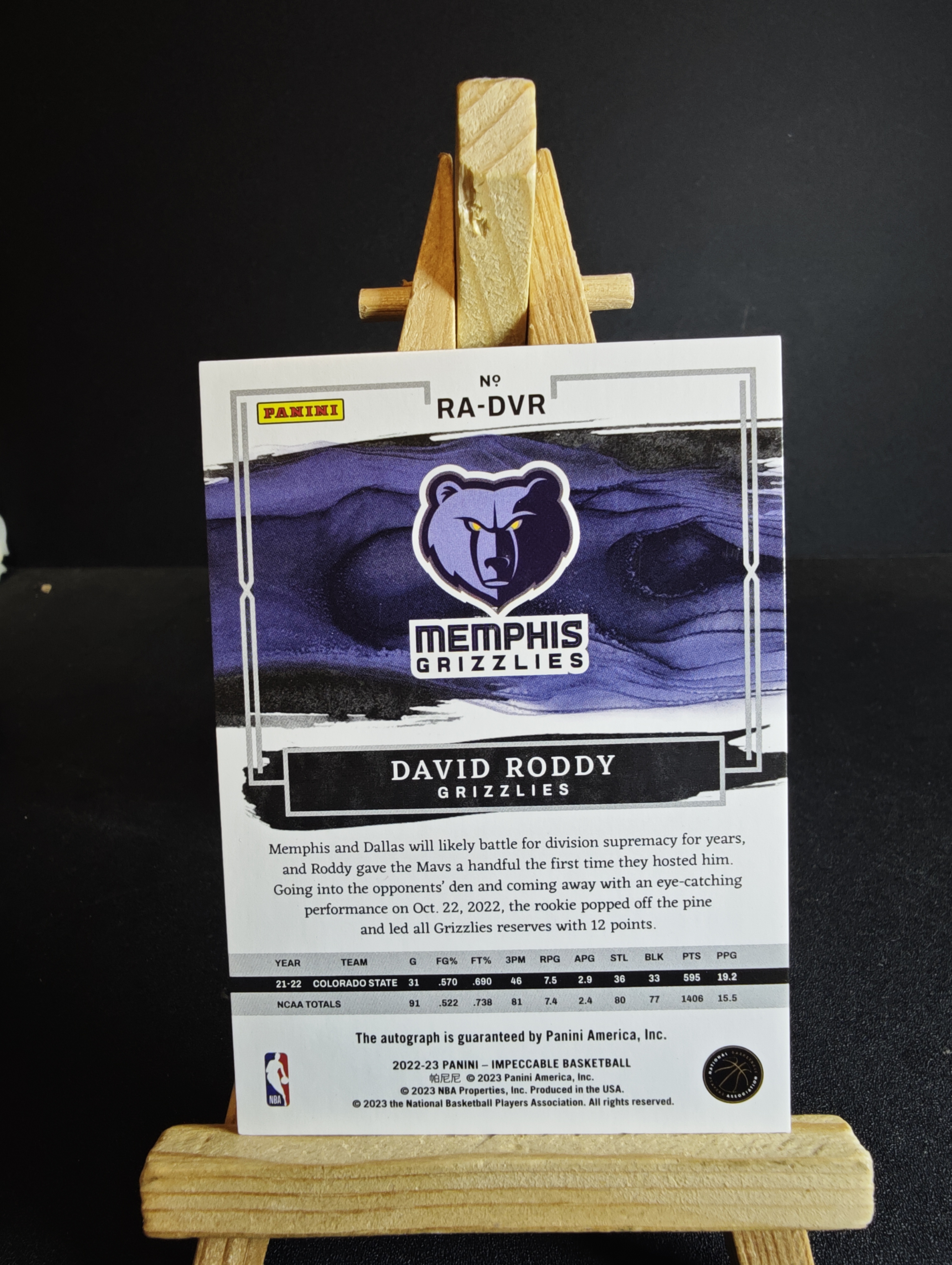 2022-23 Panini Impeccable David Roddy RC 小真金 签字 卡签 大卫 罗迪 新秀 99编 卡品如图 杰瑞11.15 卡品如图