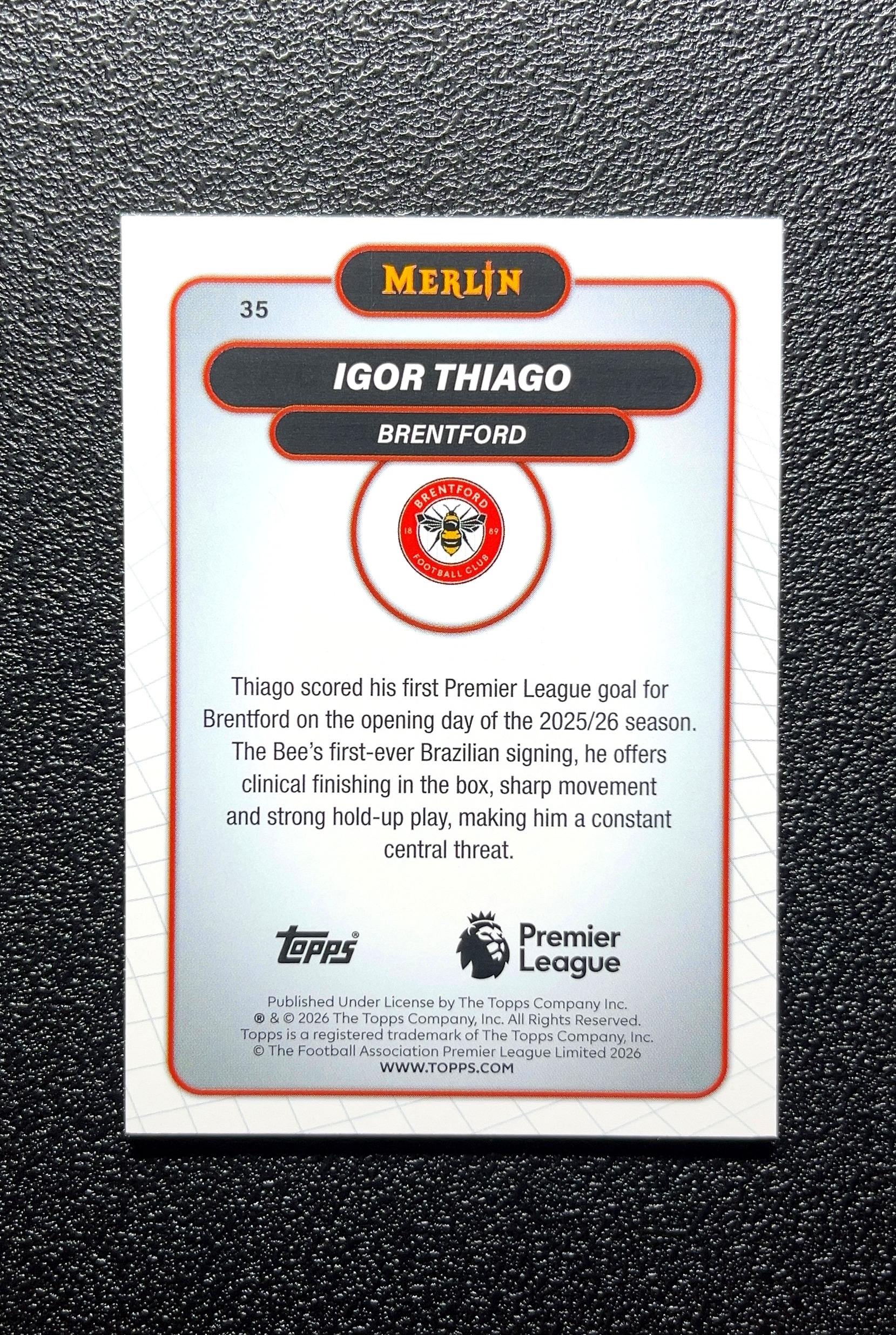 【小白1%代卖】2026 Topps Merlin IGOR THIAGO 伊戈尔·蒂亚戈 银mojo折 折射 卡品如图 高价值 #35 BRENTFORD 布伦特福德 0802