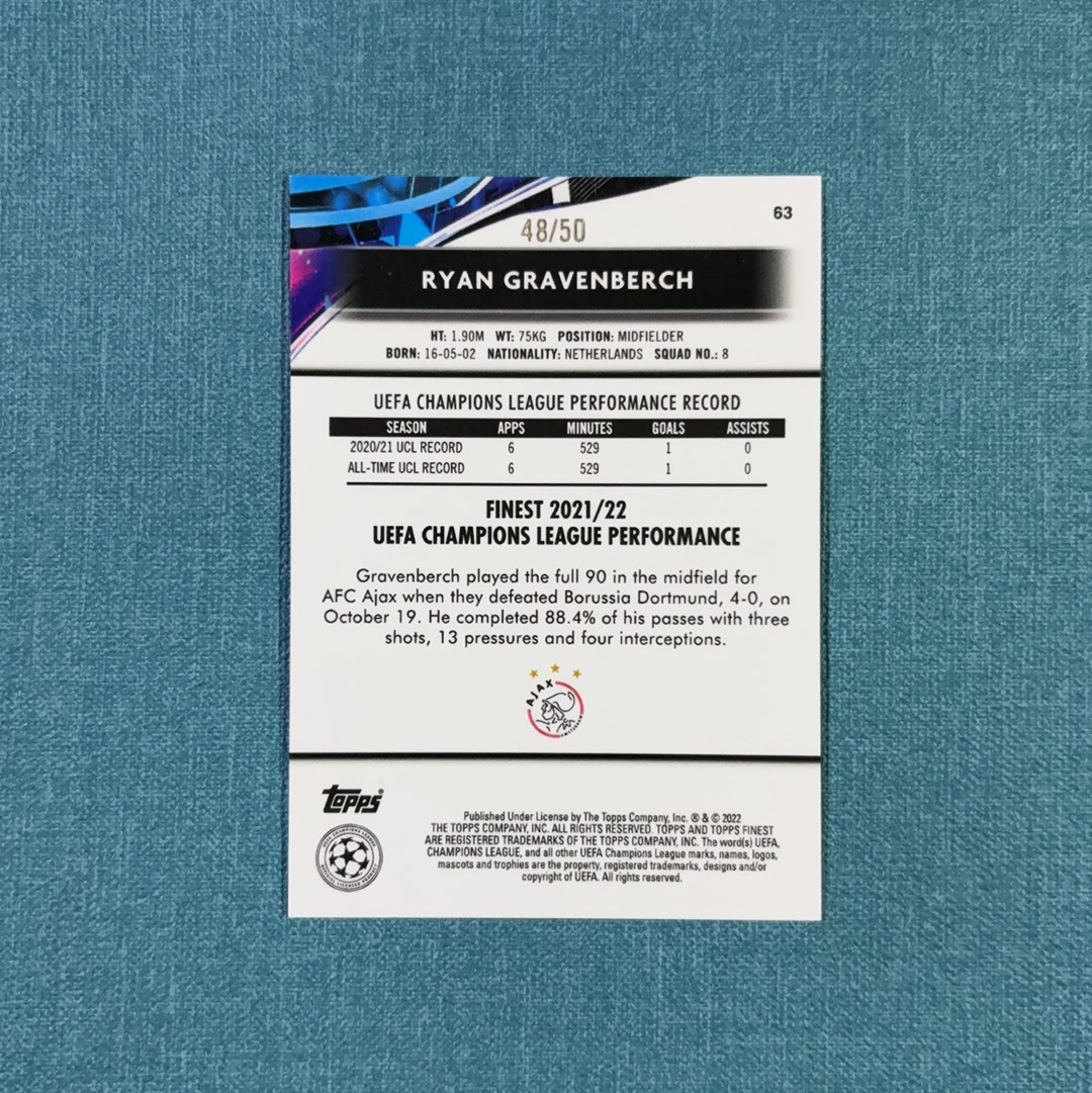 2021-22 Topps Finest 欧战 Ryan Gravenberch 赫拉芬贝赫 48/50编 金碎冰折 阿贾克斯 利物浦 卡品如图 ZCC