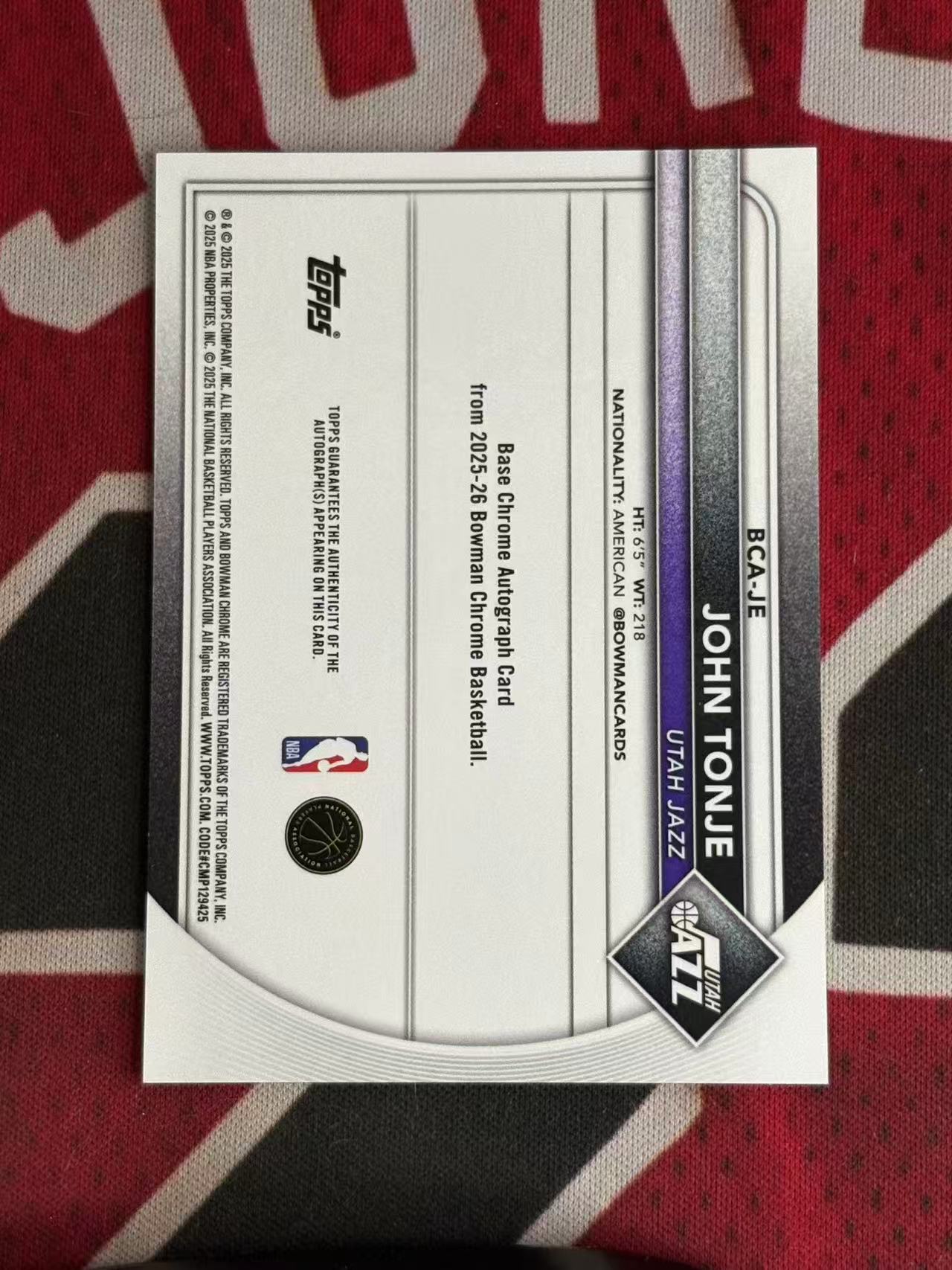 2025-26 TOPPS BOWMAN CHROME JOHN TONJE 爵士 新秀RC 约翰汤杰 签字卡 新秀签 专收凑套必备【烂臭嘴拍卖】