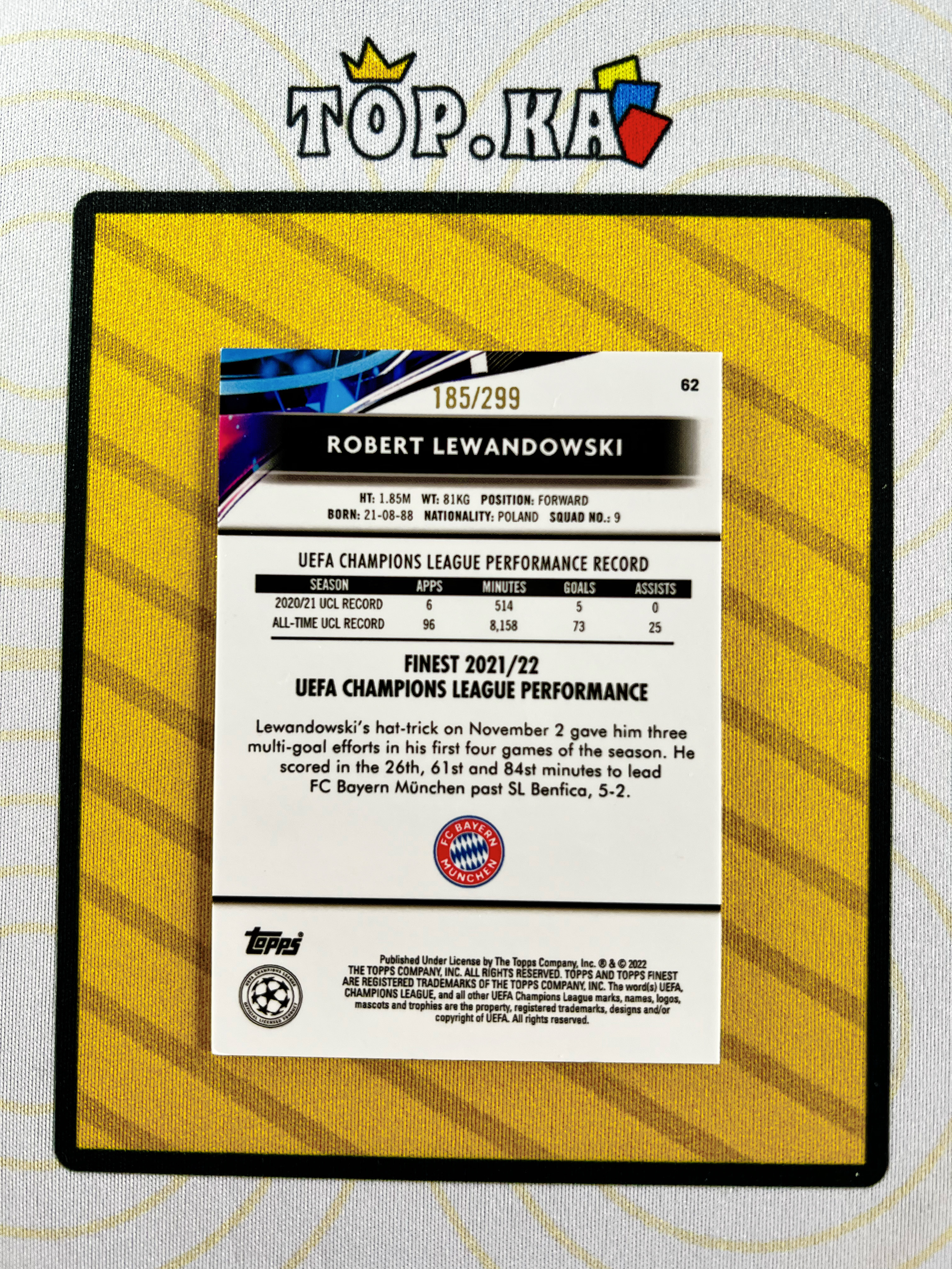 【顶尖卡社】2022 Topps Finest Robert Lewandowksi 罗伯特·莱万多夫 185/299编 紫折 折射 拜仁 巴萨 欧冠 详情看描述 卡品如图【LIUN】