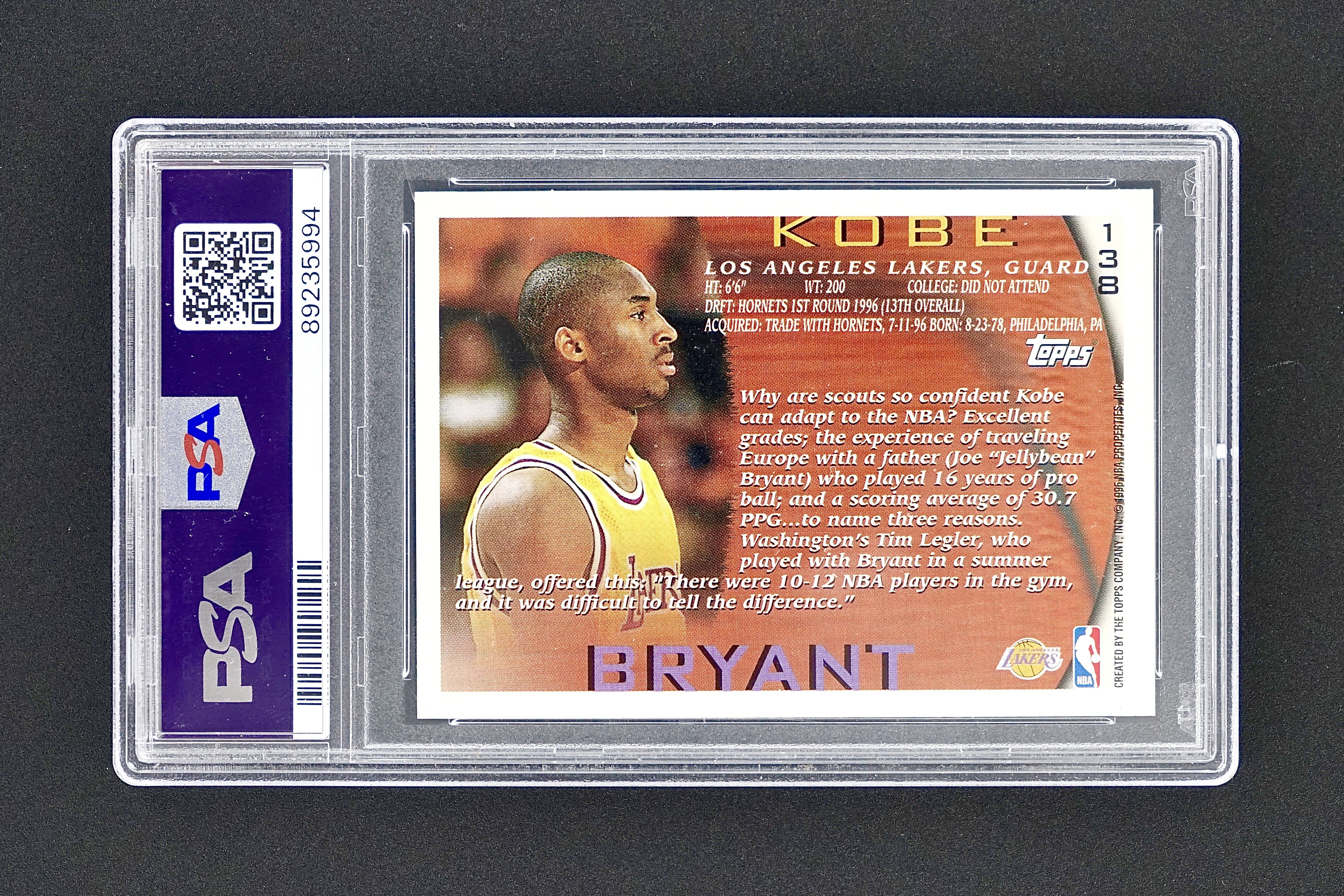 1996 Topps 新秀 Kobe Bryant RC 科比 布莱恩特 正Base PSA9分 湖人队魂 小飞侠 黑曼巴 值得永久珍藏 专收必备