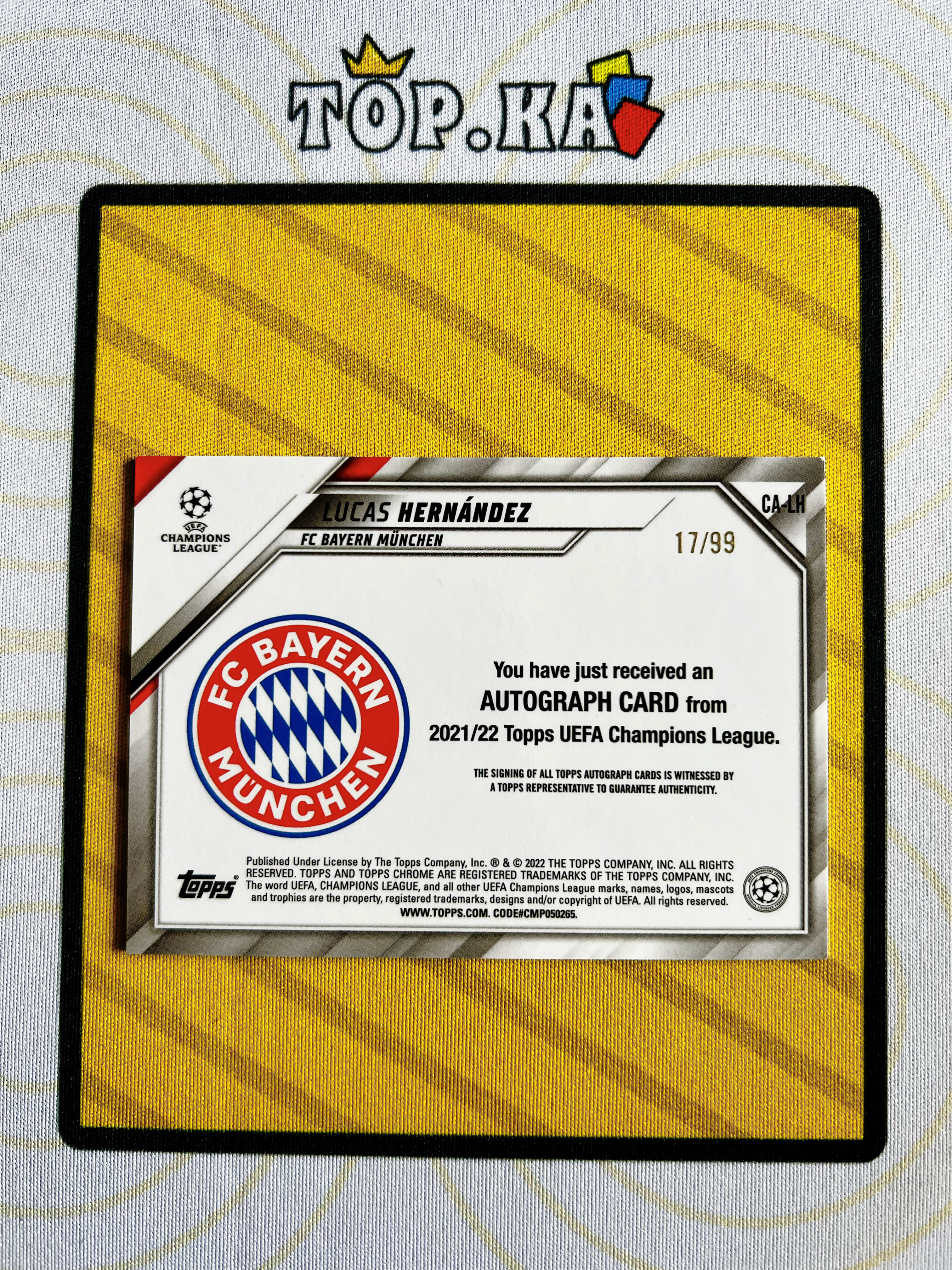 【顶尖卡社】2022 topps chrome 欧冠 拜仁 卢卡斯 埃尔南德斯LucasHernandez 大巴黎 签字 17/99编 绿平行 详情看描述 瑕疵如图【Lawson】